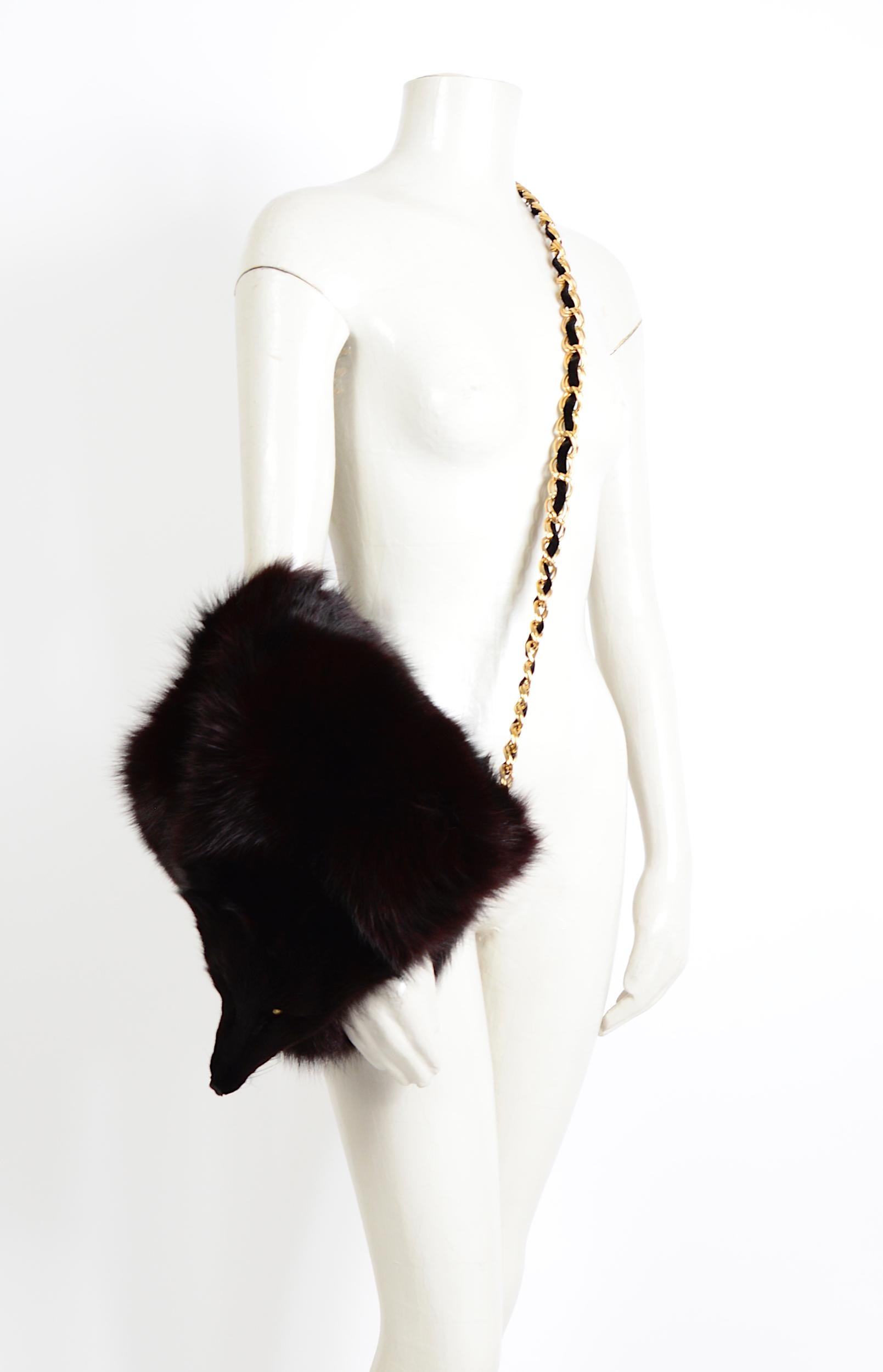 Yves Saint Laurent vintage rare gold chain black fox fur handwarmer muff bag 3
