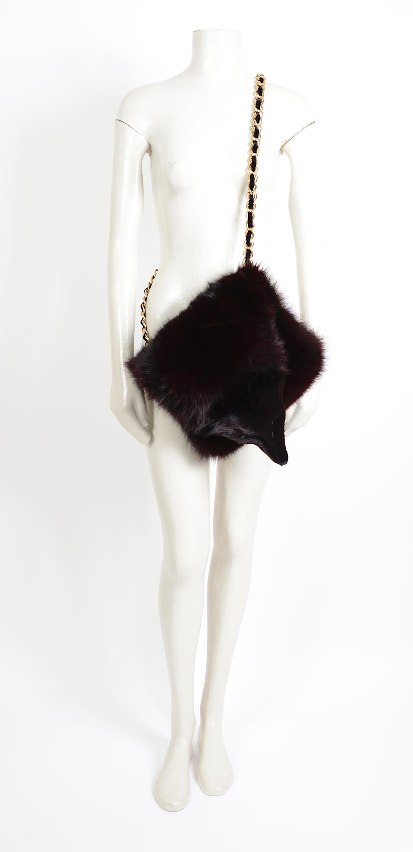 Yves Saint Laurent vintage rare gold chain black fox fur handwarmer muff bag In Good Condition In Antwerp, BE