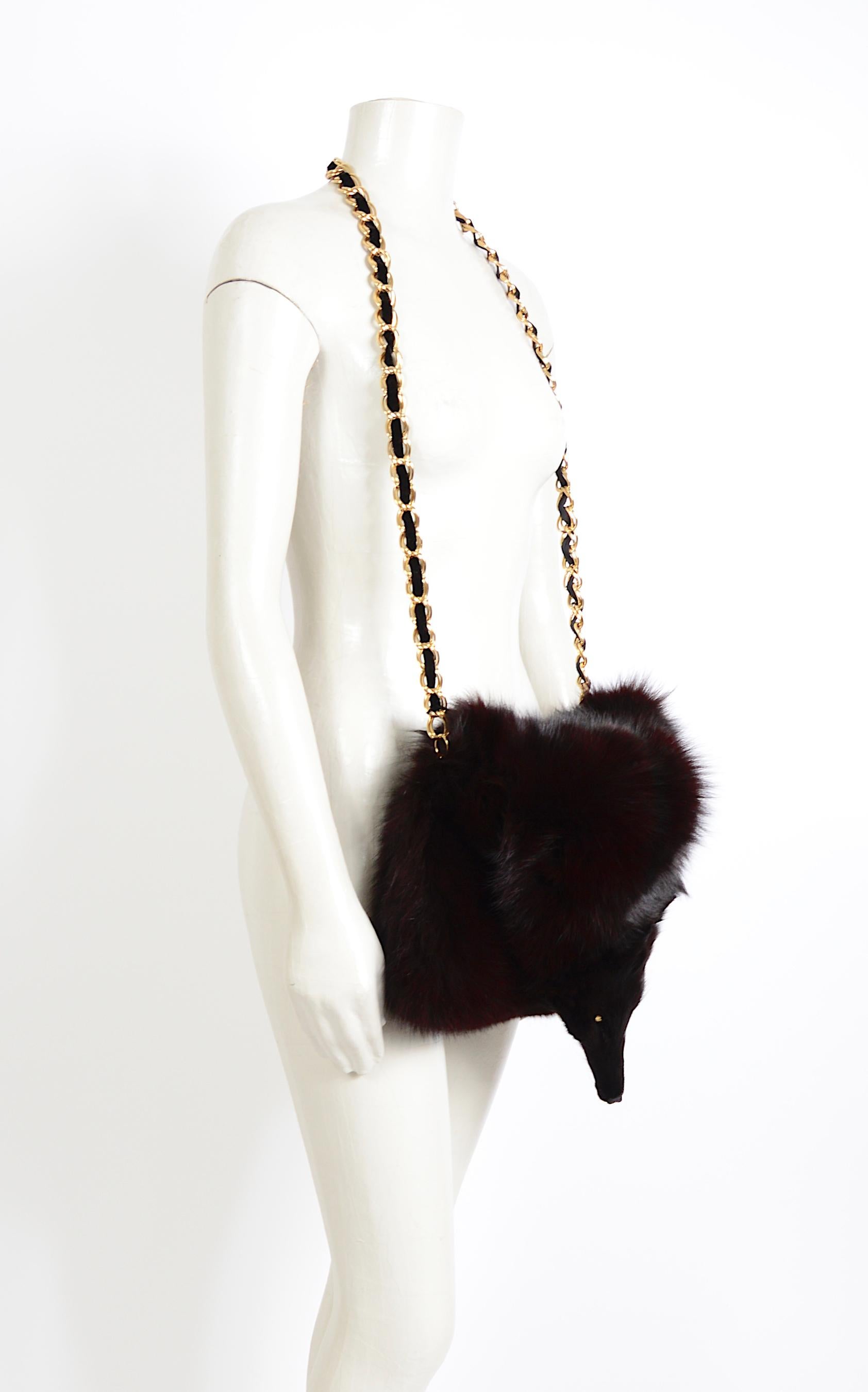 Women's or Men's Yves Saint Laurent vintage rare gold chain black fox fur handwarmer muff bag