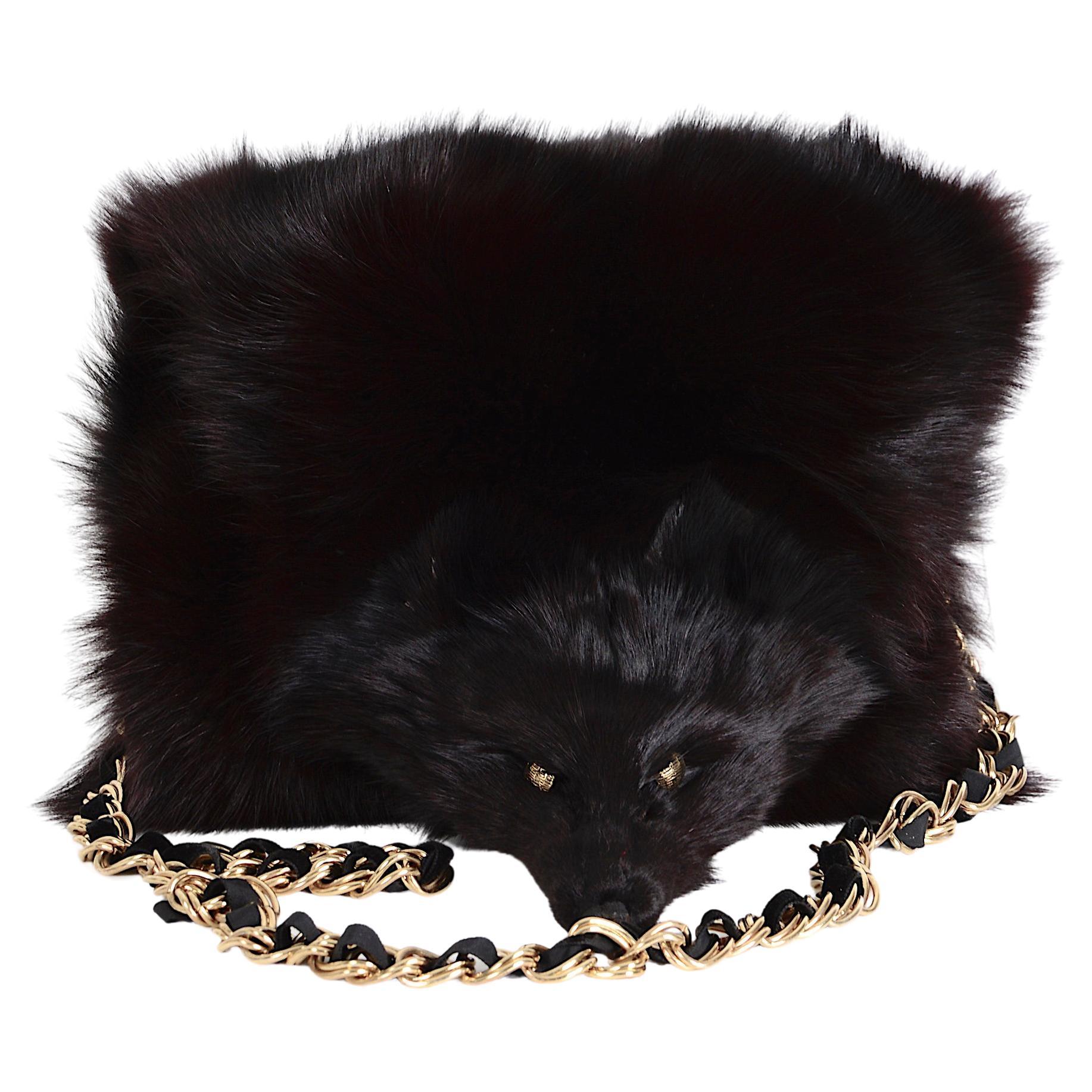 Yves Saint Laurent vintage rare gold chain black fox fur handwarmer muff bag
