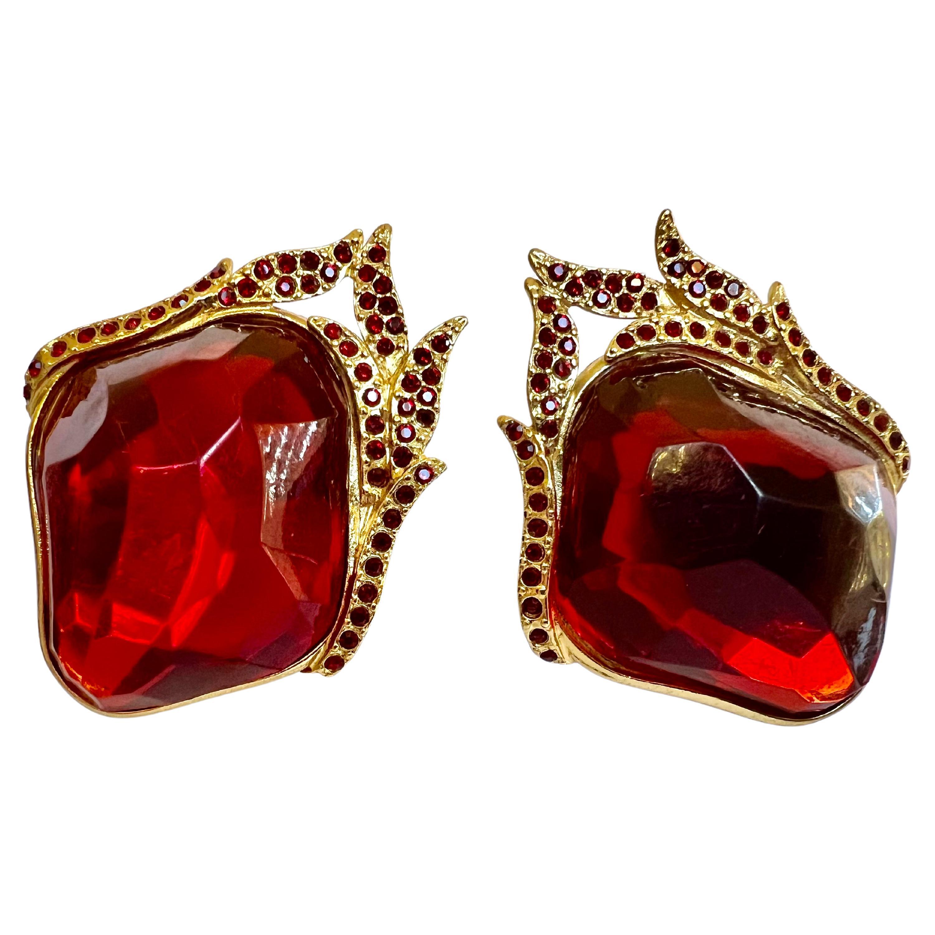 Yves Saint Laurent Vintage Red Flame Acrylic Earrings  For Sale