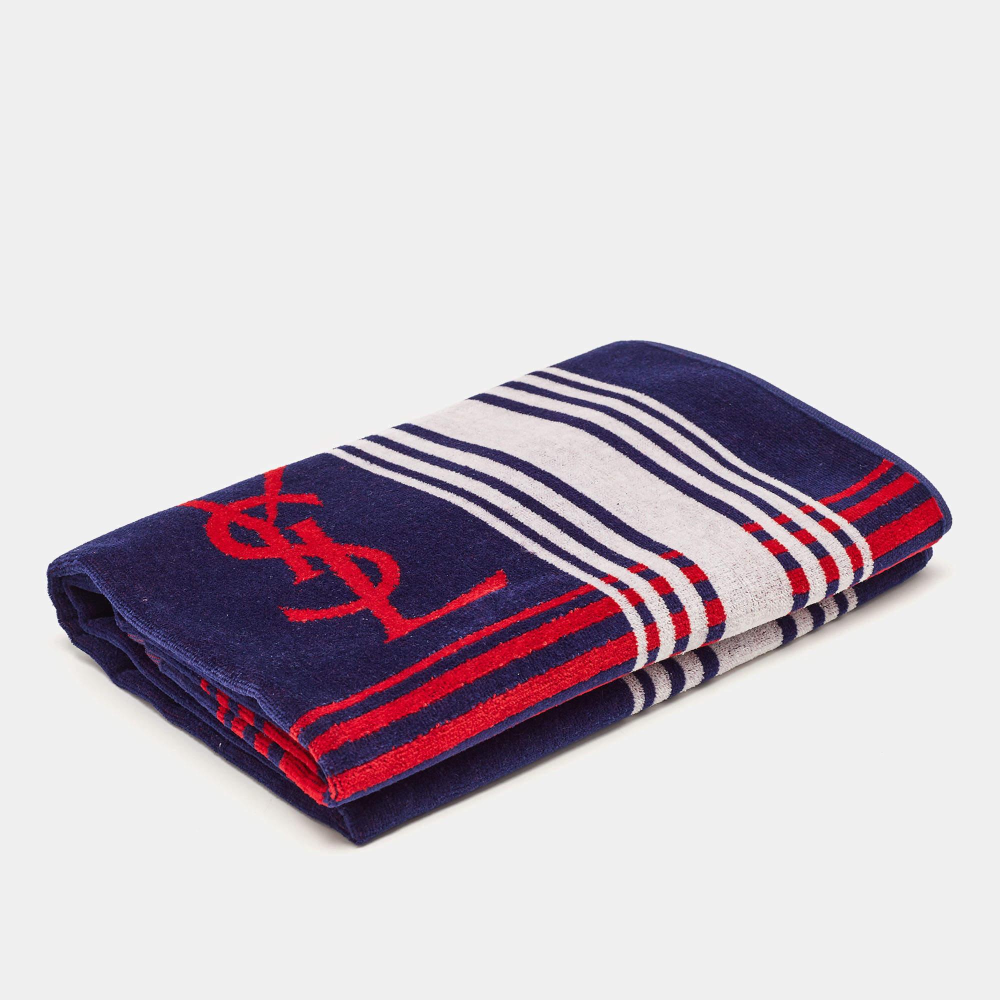 Yves Saint Laurent Vintage Rot/Navy Blau Logo gemustertes Terry-Handtuch Damen im Angebot