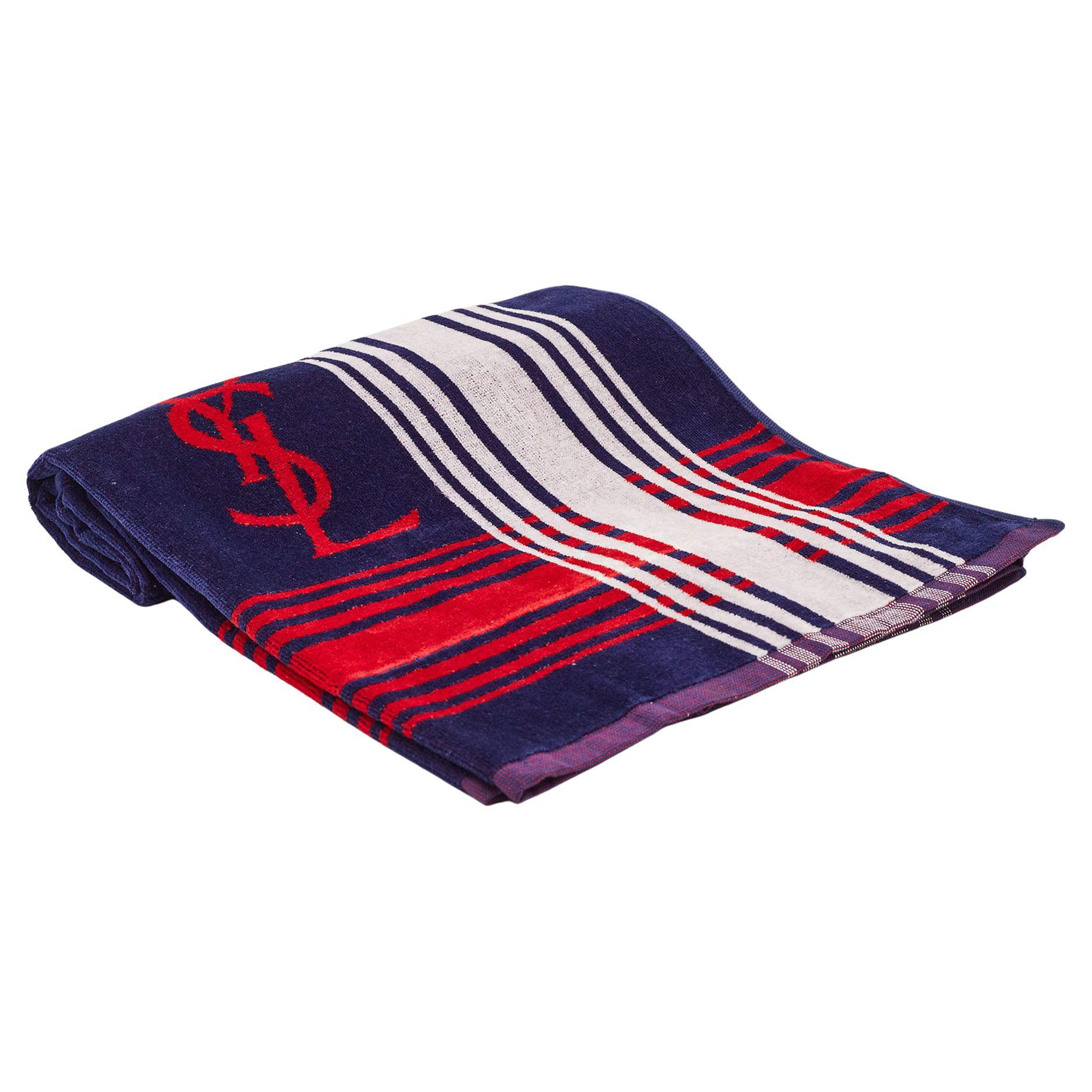Yves Saint Laurent Vintage Rot/Navy Blau Logo gemustertes Terry-Handtuch im Angebot