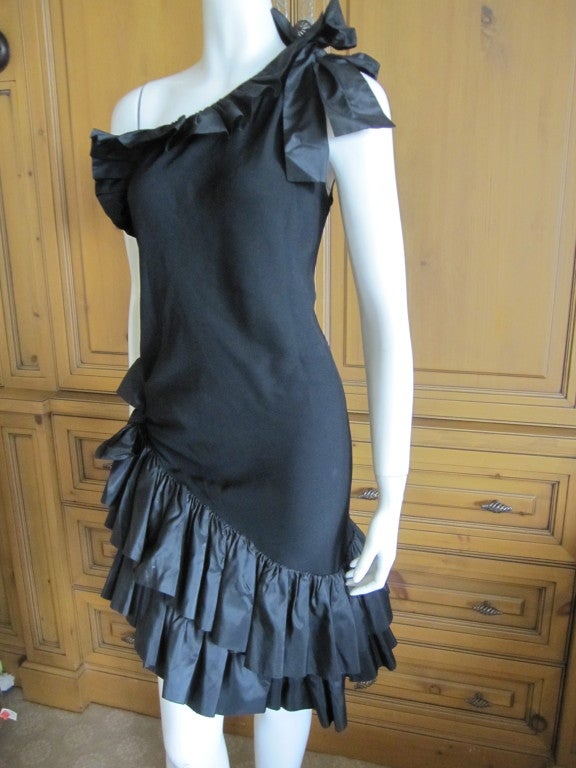 Yves Saint Laurent vintage ruffle one shoulder LBD sz 38 In Good Condition For Sale In Cloverdale, CA