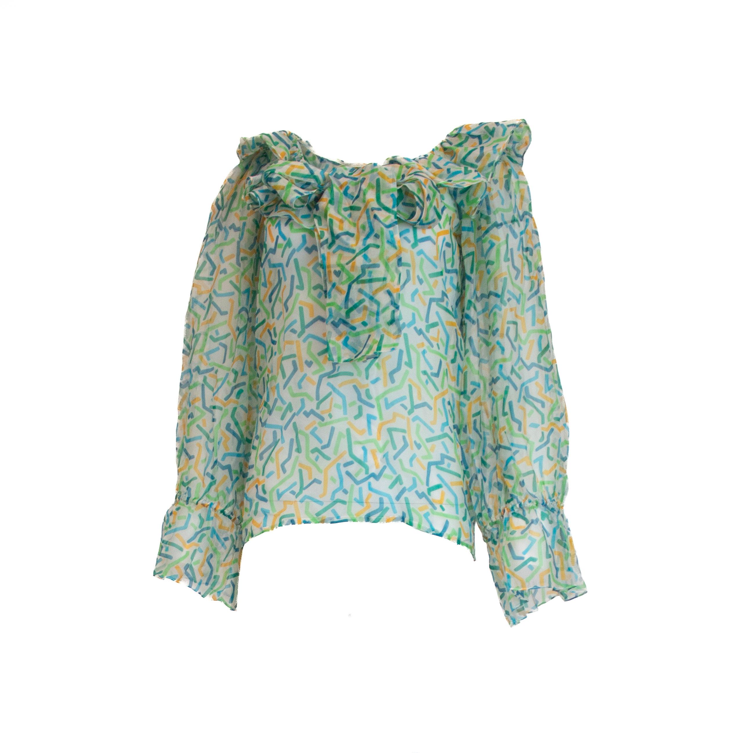Yves Saint Laurent Vintage S/S 1983 Blusa de seda con estampado abstracto Gris en venta