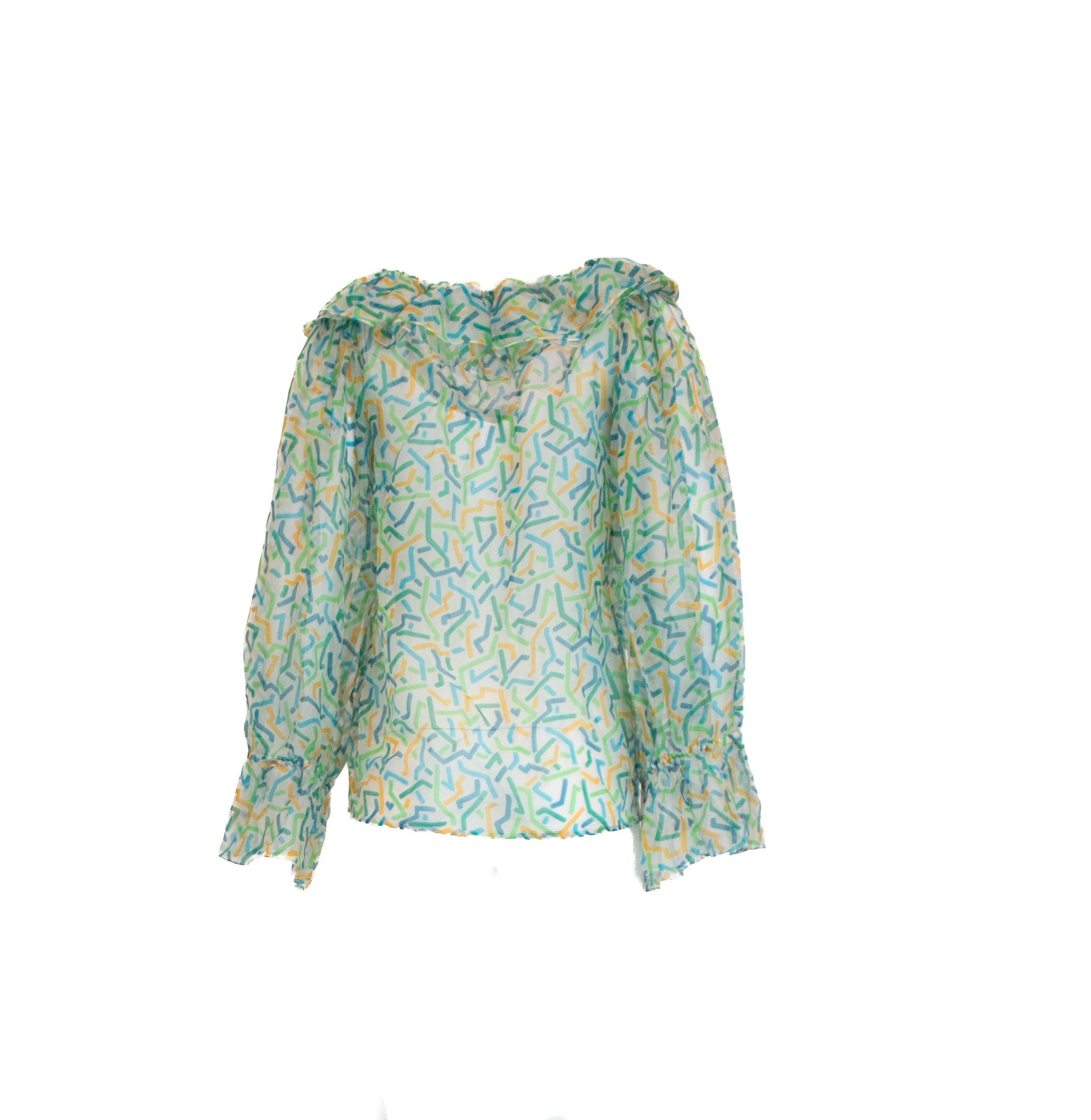 Yves Saint Laurent Vintage S/S 1983 Blusa de seda con estampado abstracto en Bastante bueno estado para la venta en Los Angeles, CA
