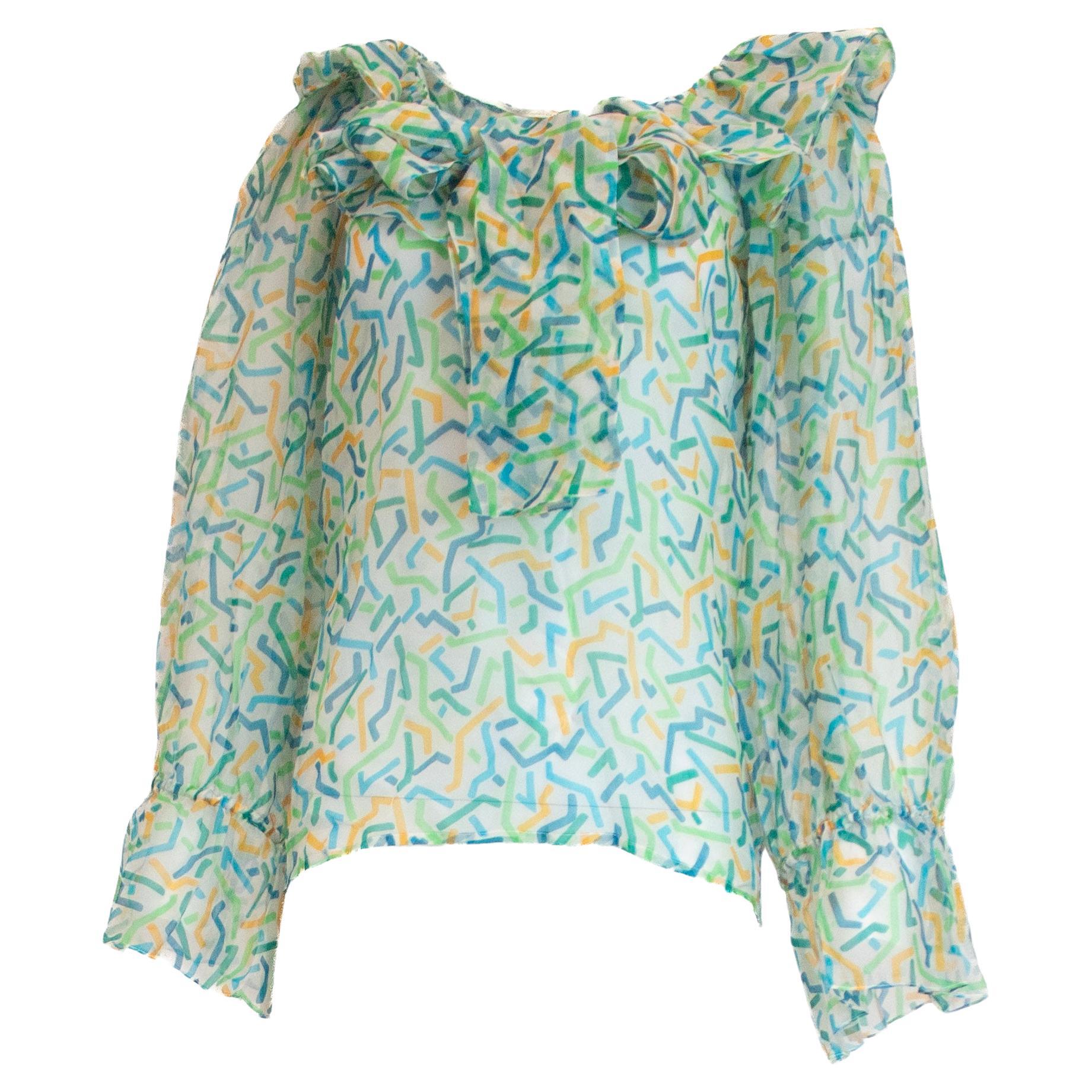 Yves Saint Laurent Vintage S/S 1983 Blusa de seda con estampado abstracto en venta