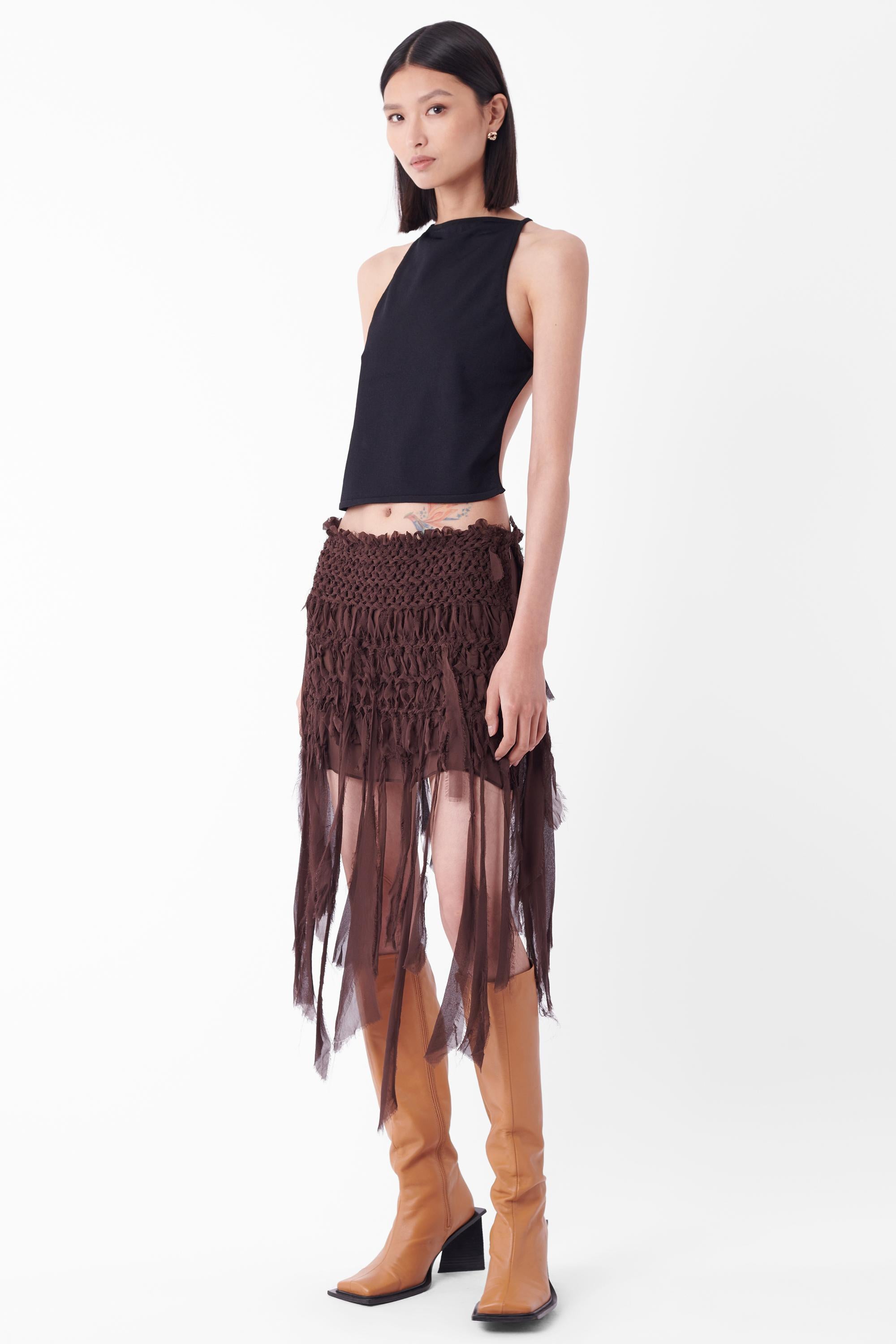 Yves Saint Laurent Vintage S/S 2002 Runway Brown Mombasa Silk Safari Skirt en vente 1