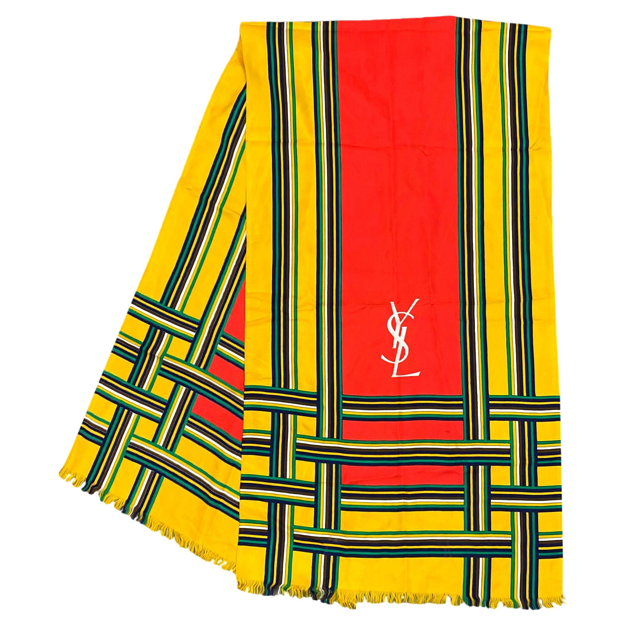 Yves Saint Laurent Vintage Silk Plaid Multi-Color Long Wrap Scarf For Sale