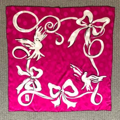 Yves Saint Laurent Vintage Silk Scarf in Fuchsia Pink Dove and Ribbon Print