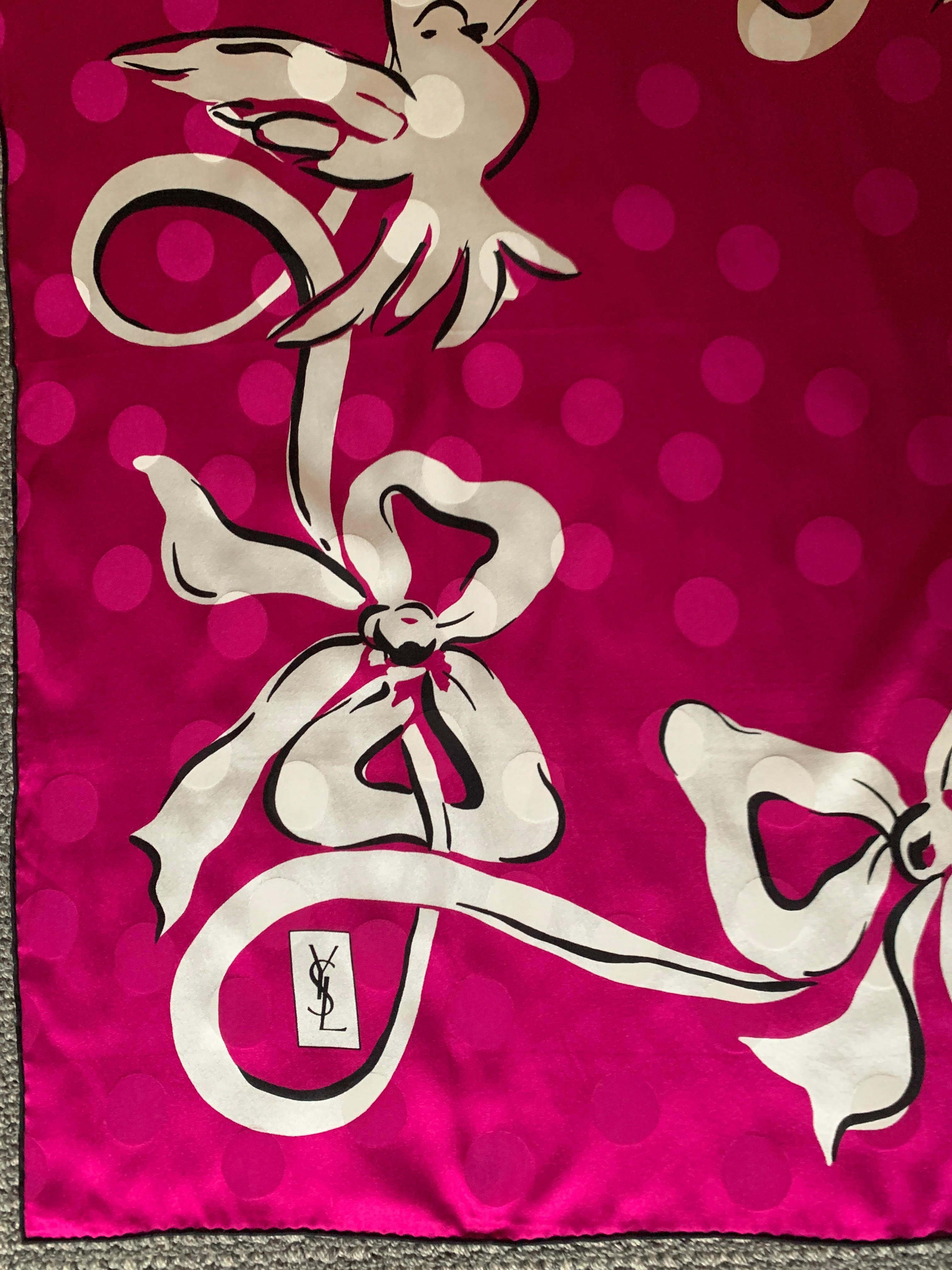 Yves Saint Laurent Vintage Silk Scarf in Fuchsia Pink Dove and Ribbon Print In Excellent Condition In San Francisco, CA