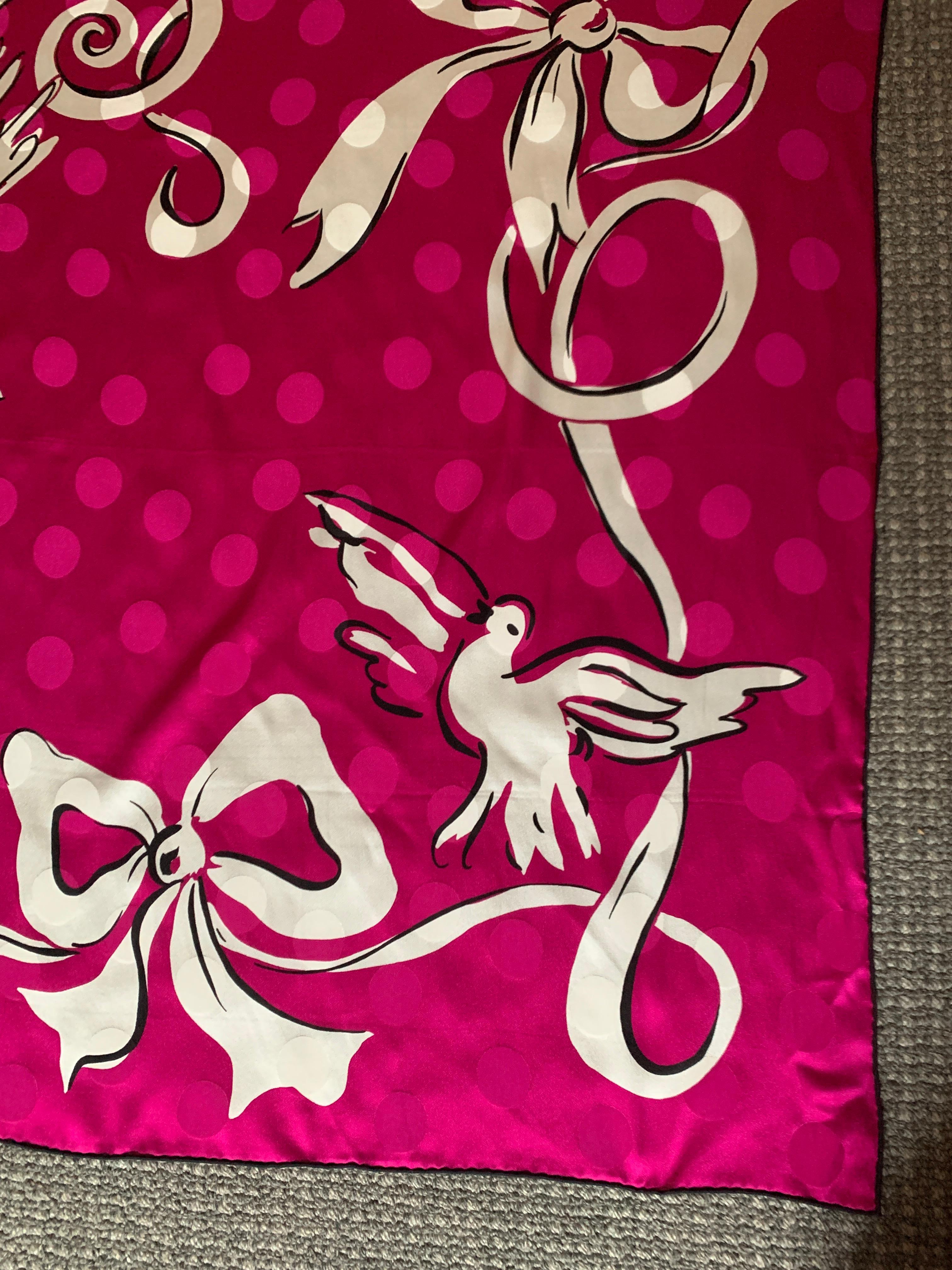 Women's Yves Saint Laurent Vintage Silk Scarf in Fuchsia Pink Dove and Ribbon Print