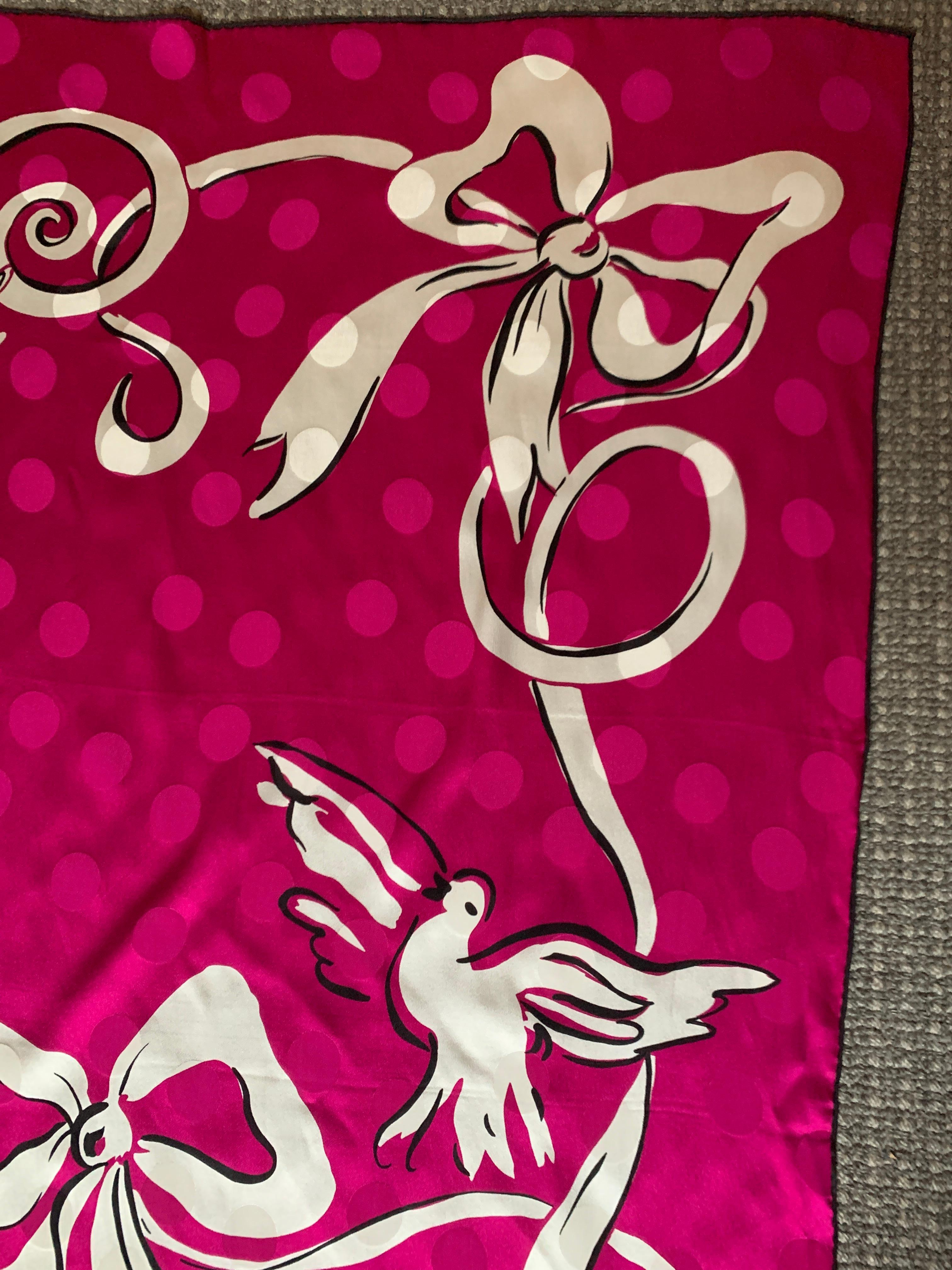 Yves Saint Laurent Vintage Silk Scarf in Fuchsia Pink Dove and Ribbon Print 1