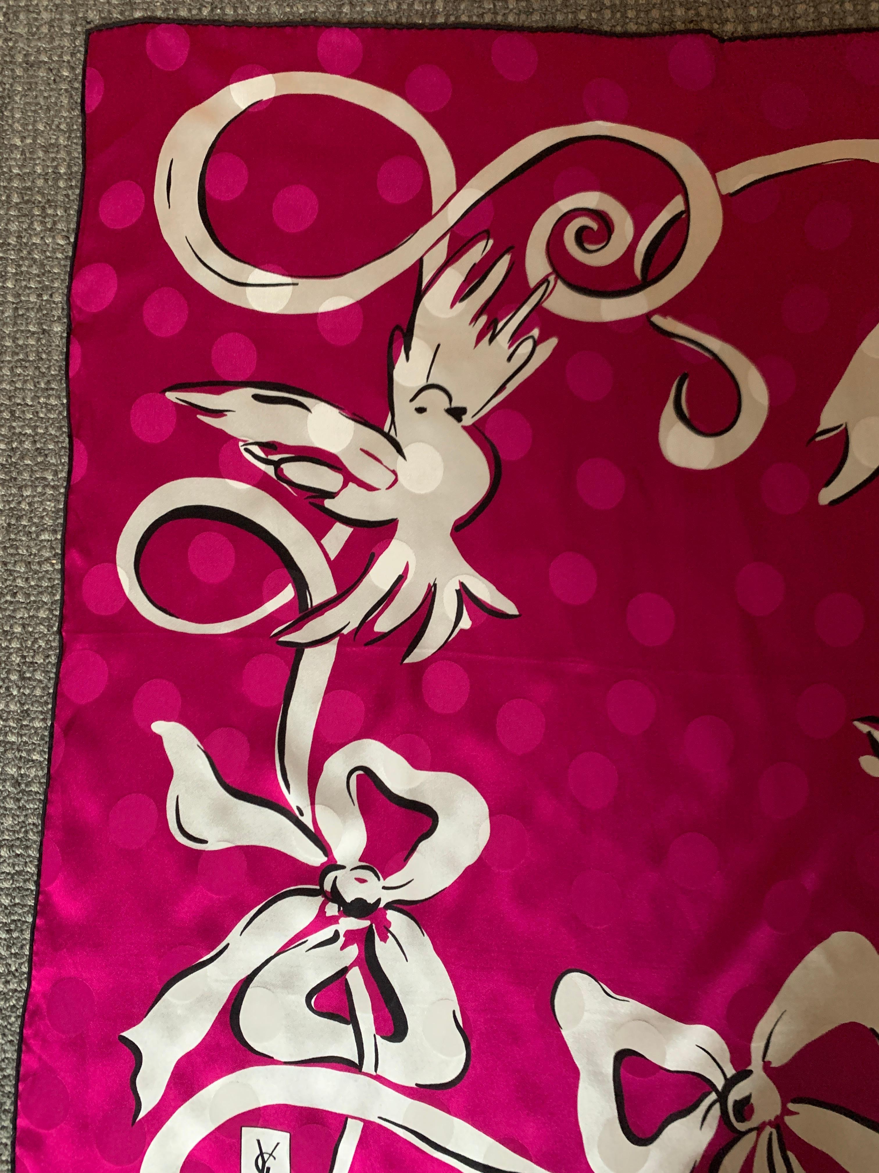 Yves Saint Laurent Vintage Silk Scarf in Fuchsia Pink Dove and Ribbon Print 2