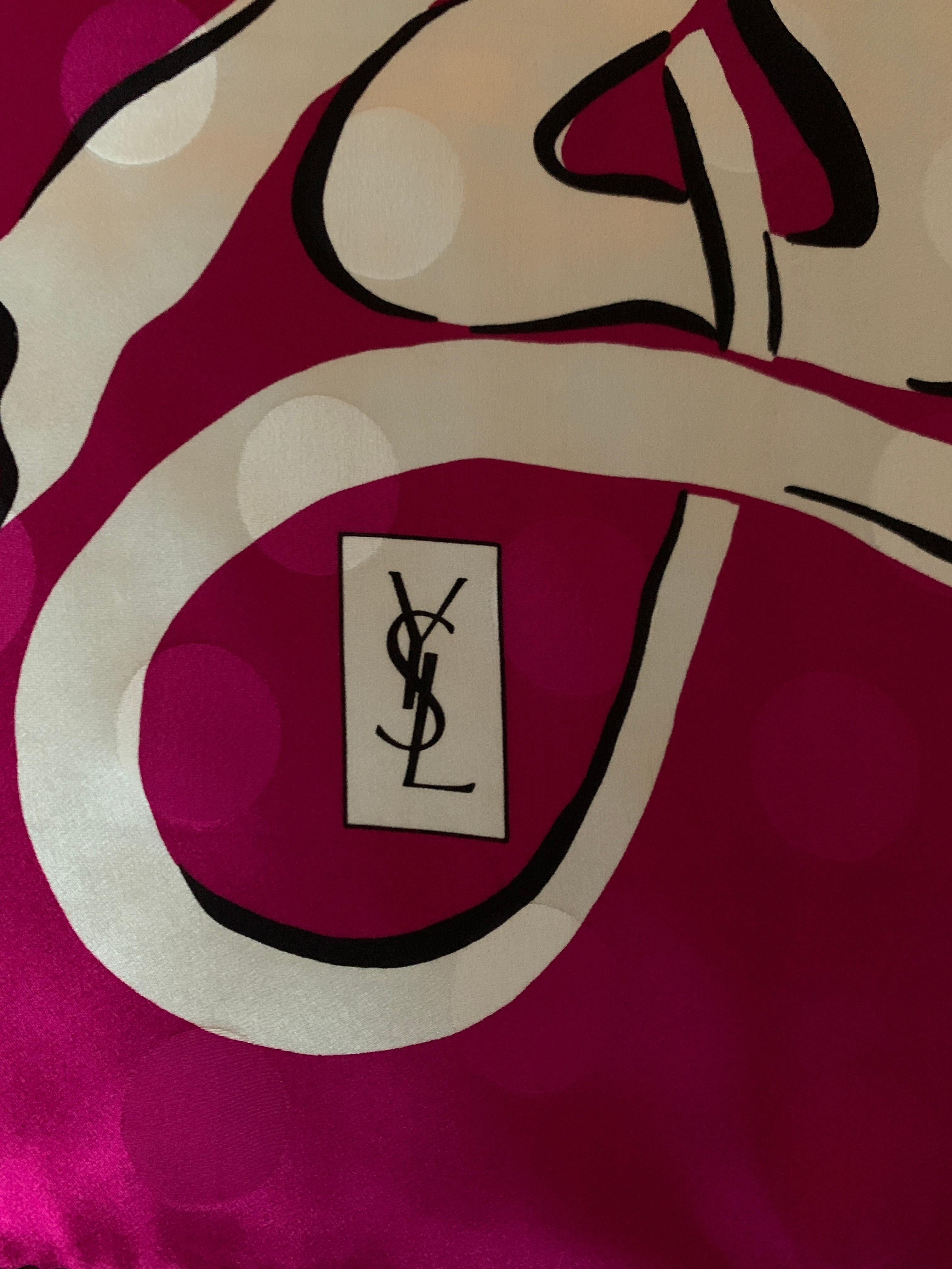 Yves Saint Laurent Vintage Silk Scarf in Fuchsia Pink Dove and Ribbon Print 3