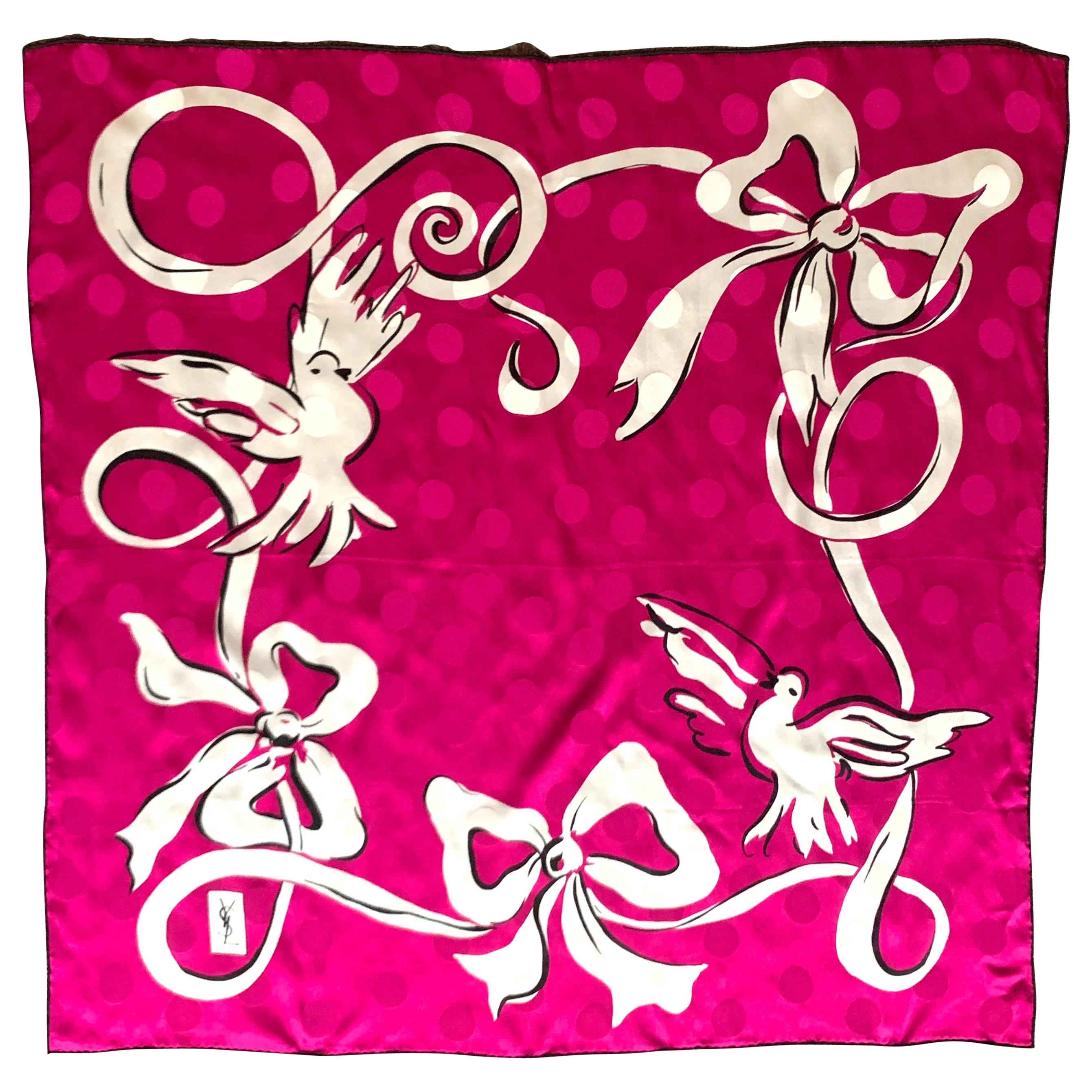 Yves Saint Laurent Vintage Silk Scarf in Fuchsia Pink Dove and Ribbon Print