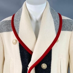 YVES SAINT LAURENT Vintage Size 40 Cream Red Plaid Wool Mohair Double Breasted Shawl Lapel Coat