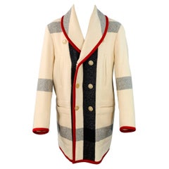 YVES SAINT LAURENT Vintage Size 40 Cream Red Plaid Wool Mohair Double Breasted Shawl Lapel Coat