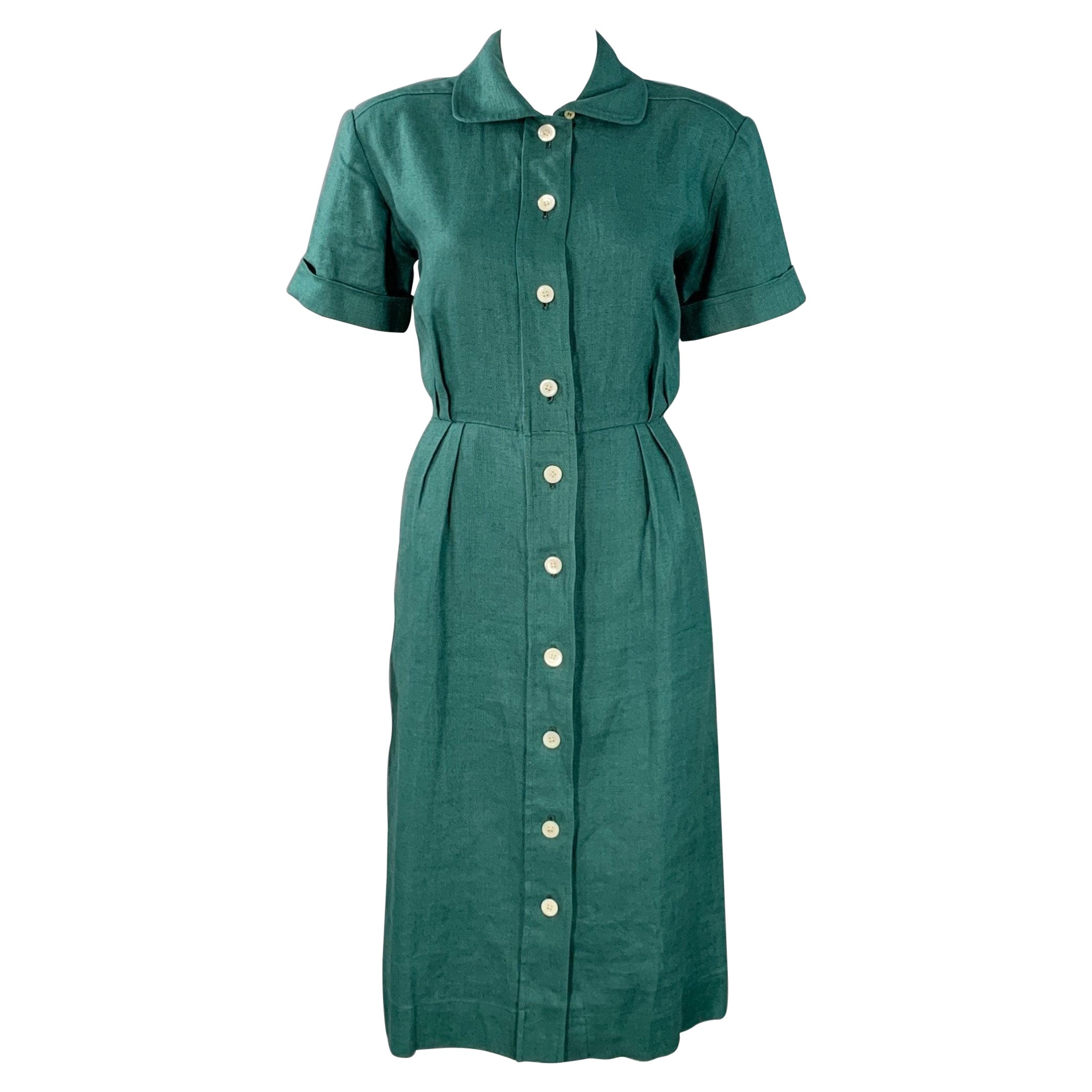 YVES SAINT LAURENT Vintage Größe 6 Grünes Leinen Hemdkleid mit Knopfleiste und Falten