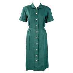 YVES SAINT LAURENT Vintage Size 6 Green Linen Button Up Pleated Shirt Dress