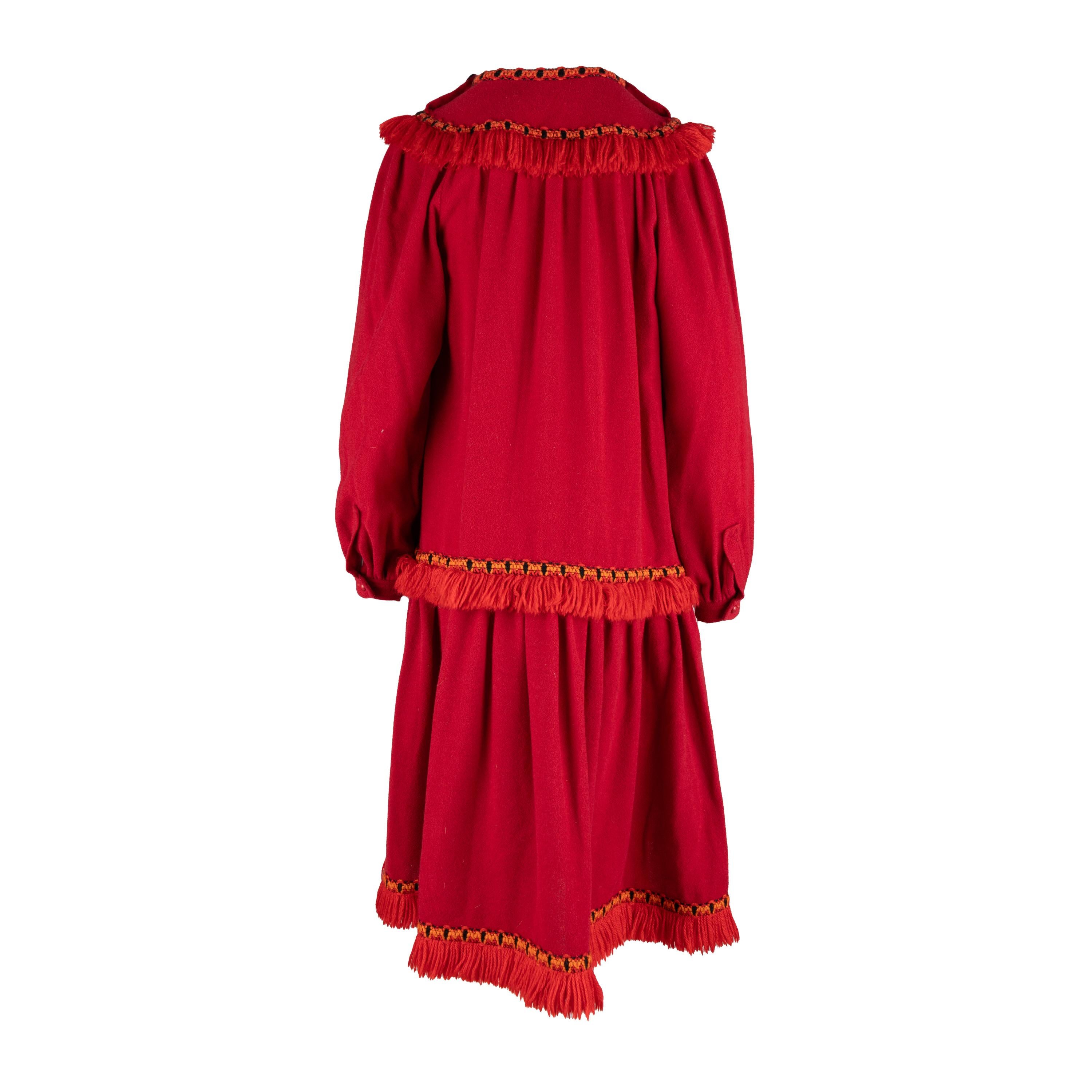 Red Yves Saint Laurent Vintage Smock dress with Fringe - '70s For Sale