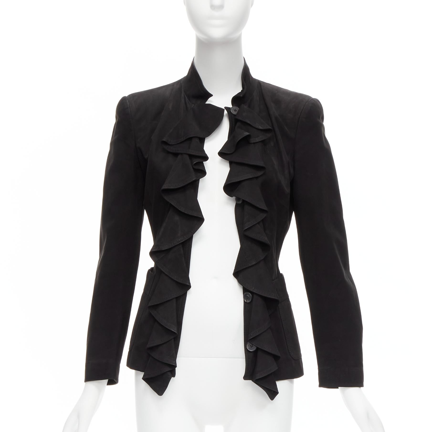 Women's YVES SAINT LAURENT Vintage Stefano Pilati leather ruffle fitted jacket FR36 S