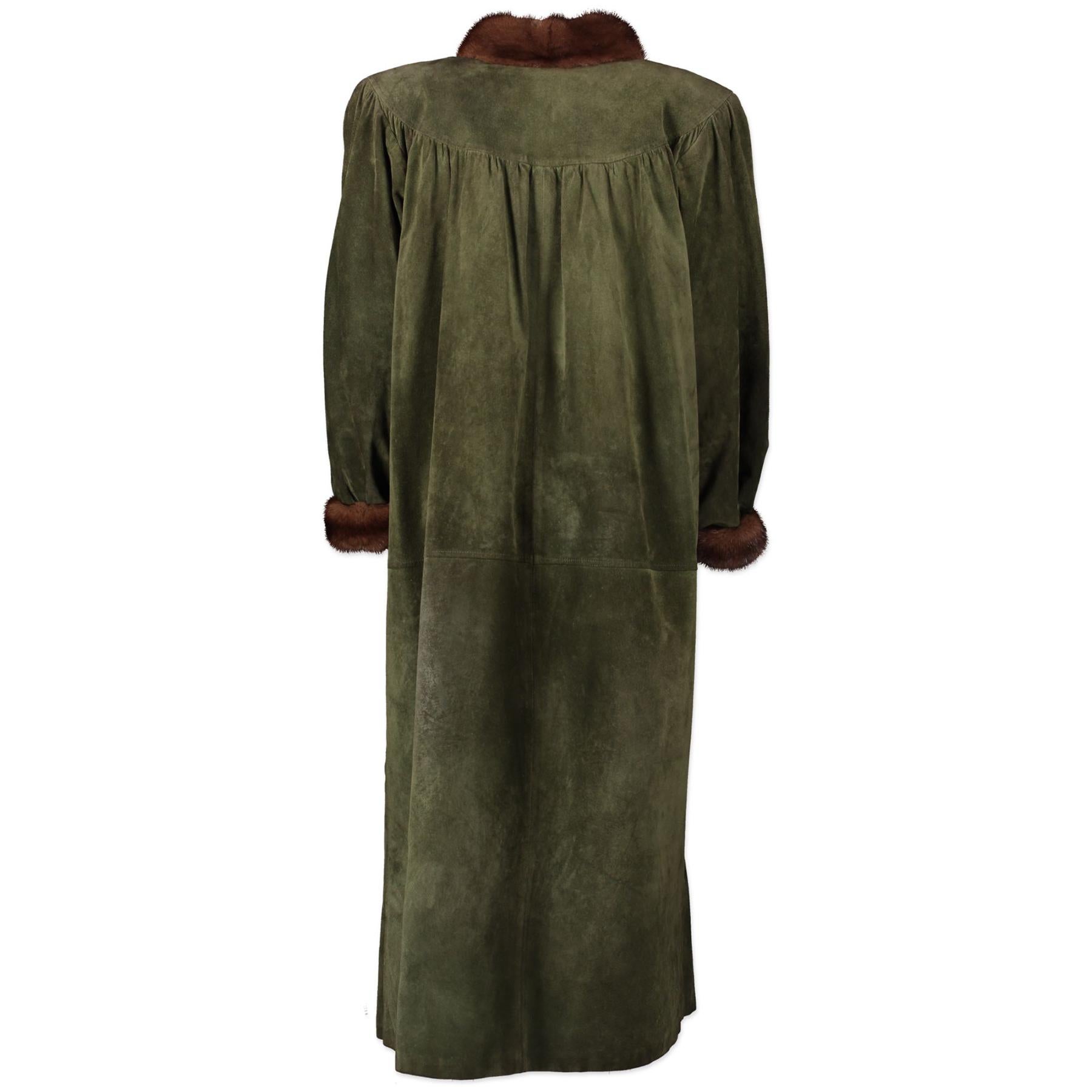 Yves Saint Laurent Vintage Suede Fur Coat 

This vintage Saint Laurent khaki and brown suede features three hook and eye closures,  two side pockets and long wide sleeves 
This coat has an oversized fit which it perfect for fall season and upcoming