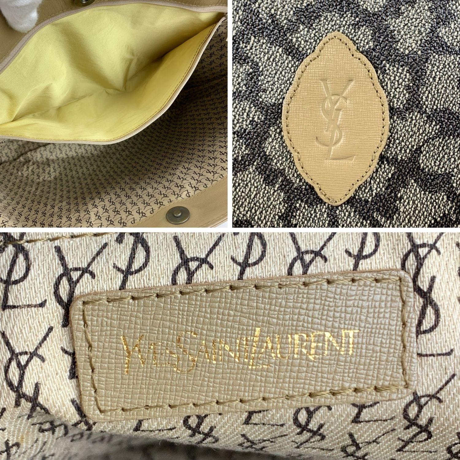 Yves Saint Laurent Vintage Tan Grey Spotted Canvas Tote Shoulder Bag In Excellent Condition In Rome, Rome