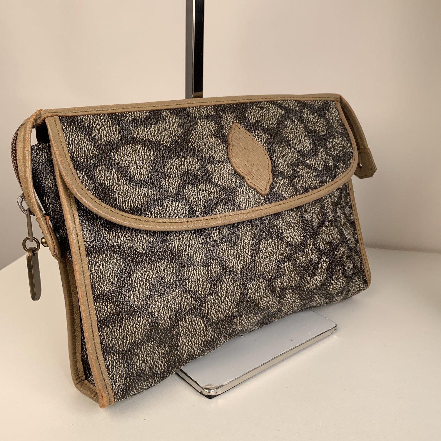 Yves Saint Laurent Vintage Tan Spotted Canvas Cosmetic Bag In Excellent Condition In Rome, Rome