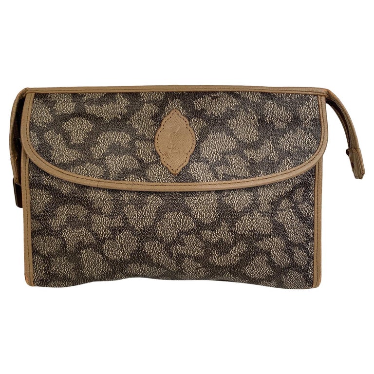Yves Saint Laurent Vintage Tan Spotted Canvas Cosmetic Bag For Sale at