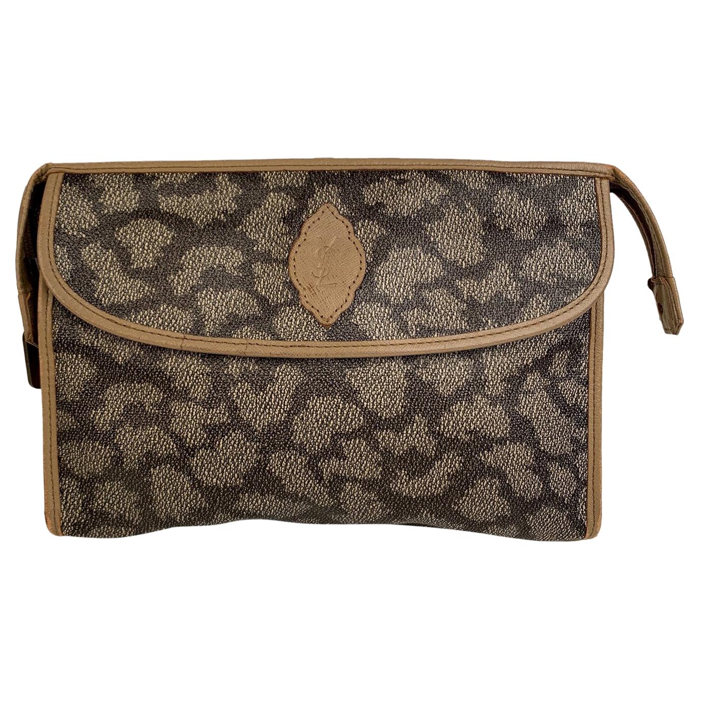 Yves Saint Laurent Vintage Tan Spotted Canvas Cosmetic Bag
