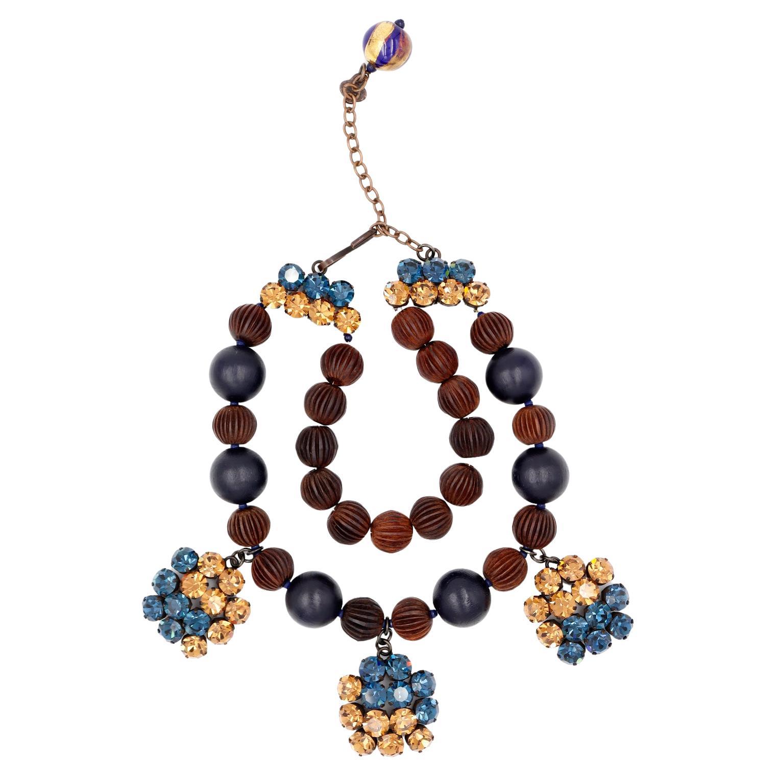 Yves Saint Laurent Vintage Textured Brown Beads w Blue & Gold Stones Necklace For Sale