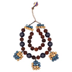 Yves Saint Laurent Vintage Textured Brown Beads w Blue & Gold Stones Necklace