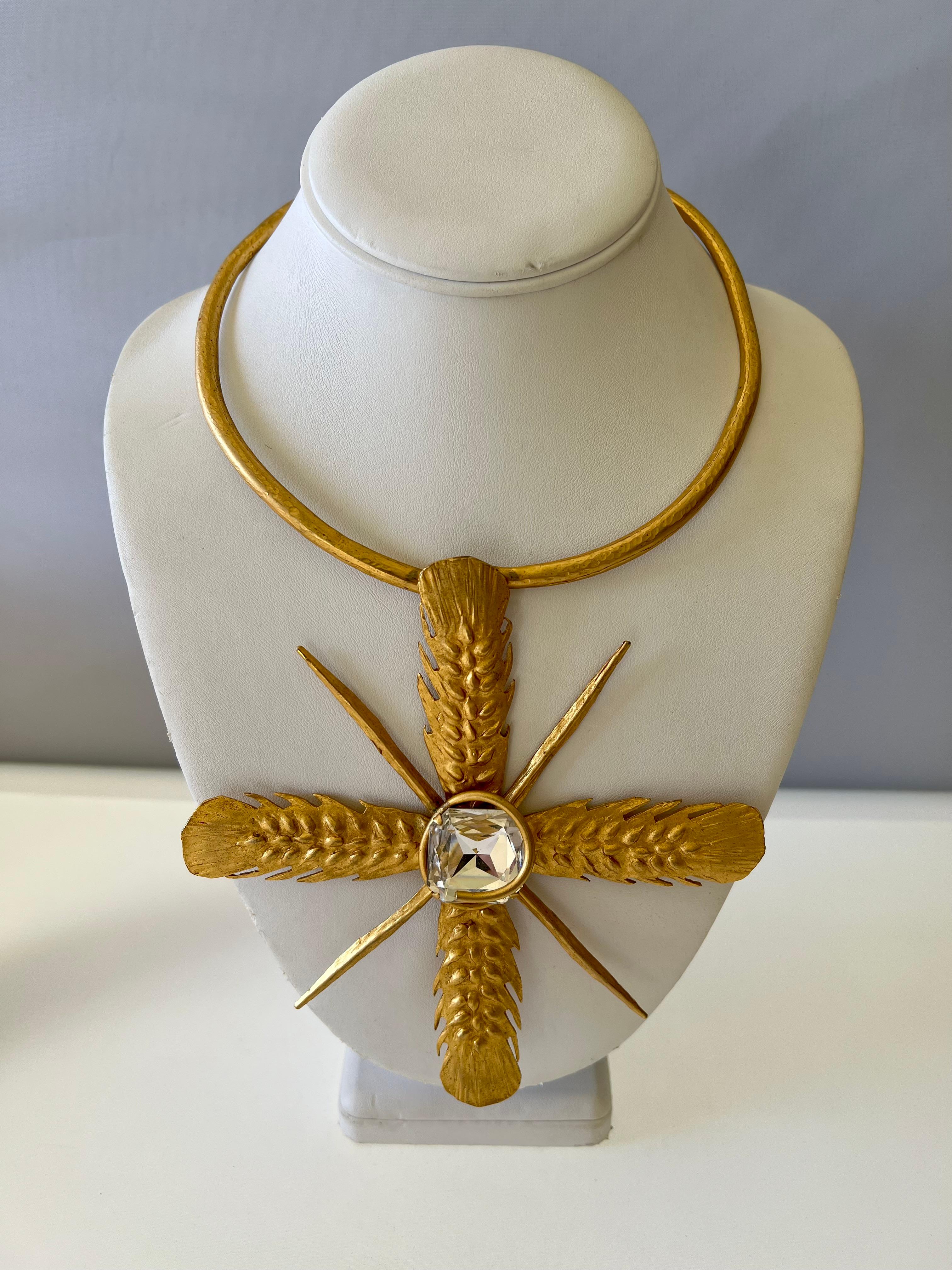 Artisan Yves Saint Laurent Vintage Wheat Cross Diamante Pendant Necklace 