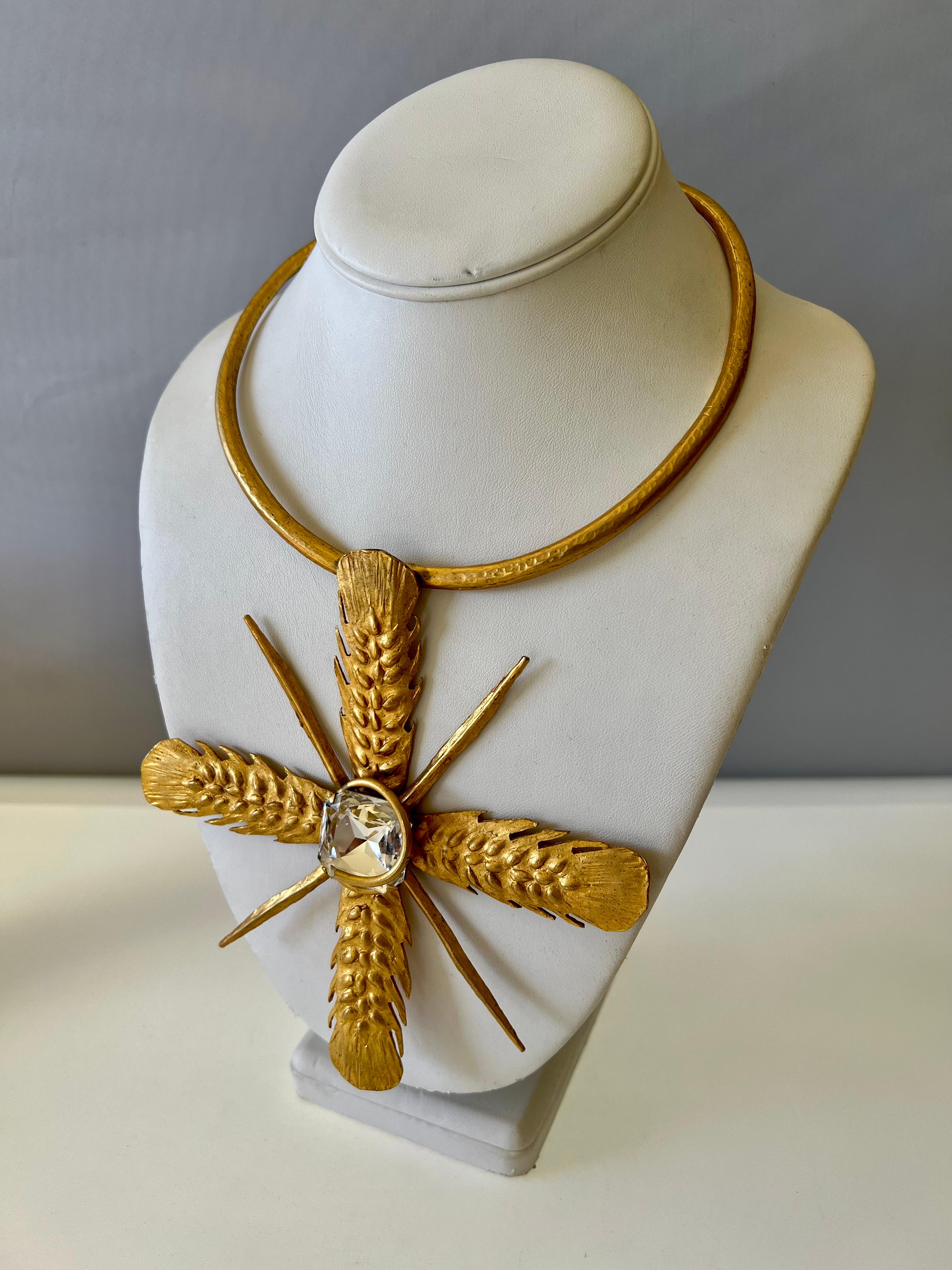 Yves Saint Laurent Vintage Wheat Cross Diamante Pendant Necklace  In Excellent Condition In Palm Springs, CA