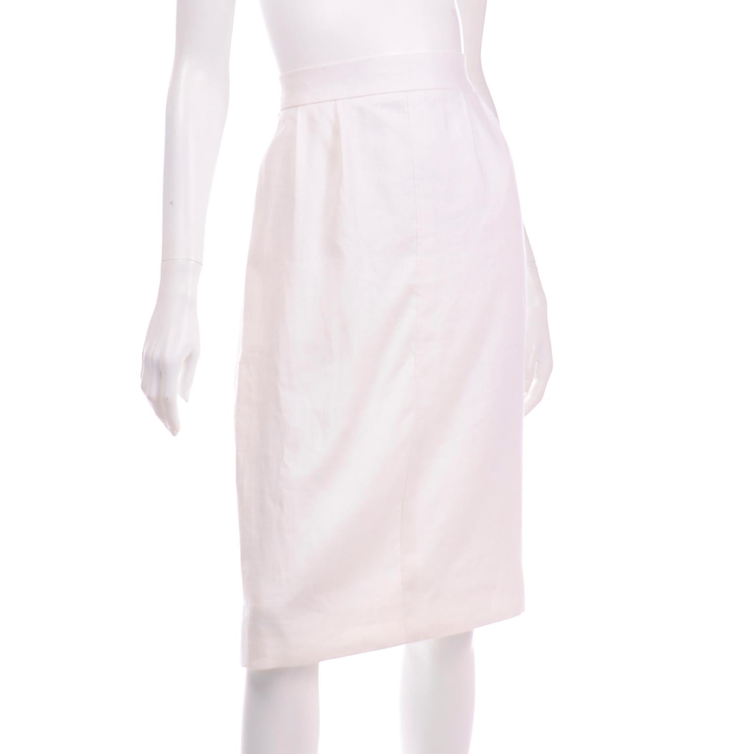 This is a vintage white linen pencil skirt designed by Yves Saint Laurent for the Rive Gauche label. This is a such a great staple piece to add to any modern wardrobe and it is so beautifully made! There functional side pockets and pleats along the