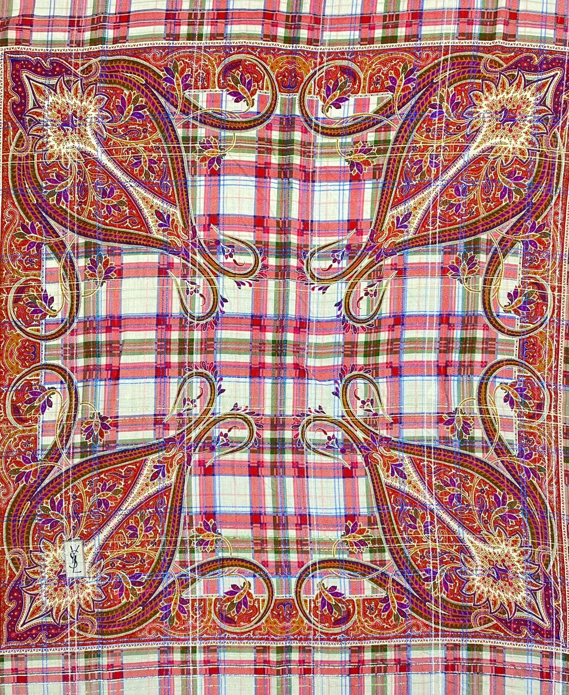 Yves Saint Laurent Vintage Wool Challis & Silk Plaid & Paisley Patterned Scarf, Circa 1970 - 1980. This beautiful and classic plaid patterned scarf by Yves Saint Laurent comes in a beautiful cream and red coloration cross-sectioned with blue, red