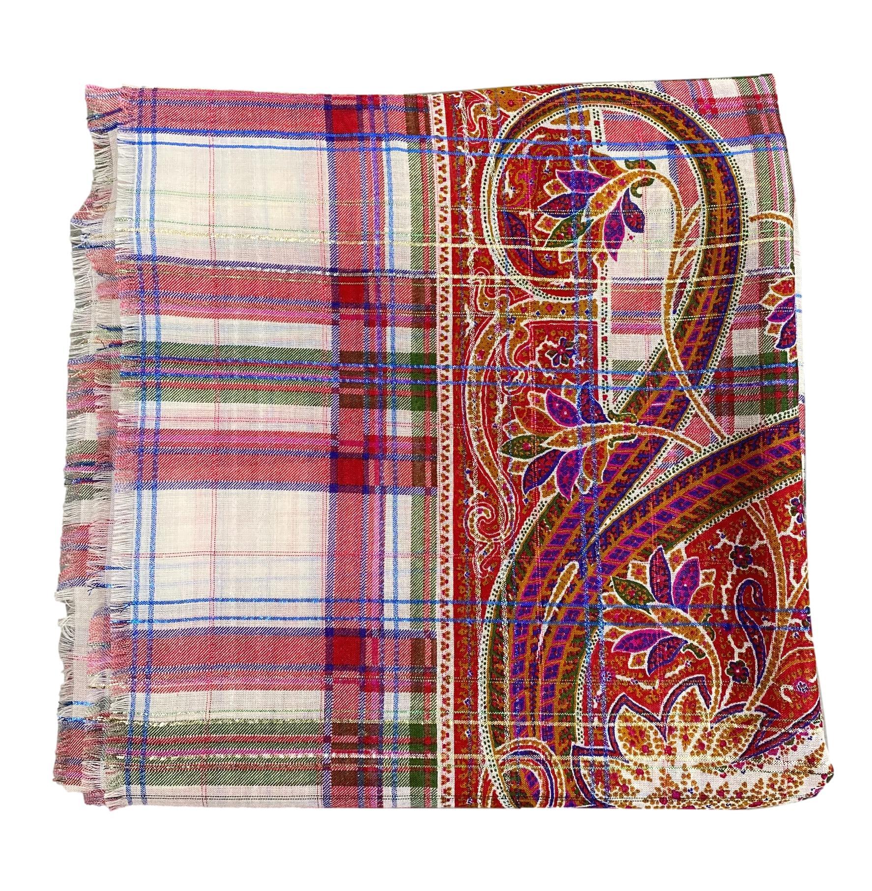 Beige Yves Saint Laurent Vintage Wool Challis & Silk Plaid & Paisley Patterned Scarf