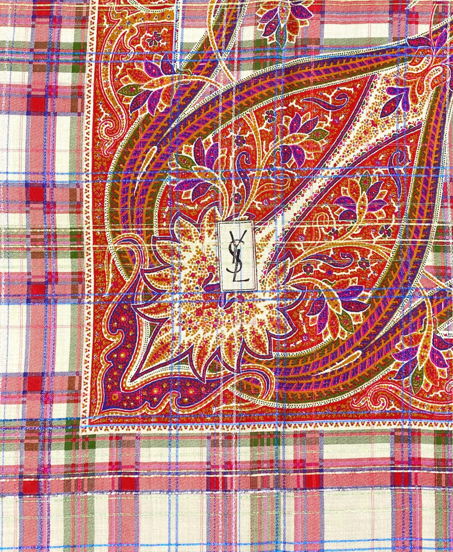 Yves Saint Laurent Vintage Wool Challis & Silk Plaid & Paisley Patterned Scarf In Good Condition In Banner Elk, NC