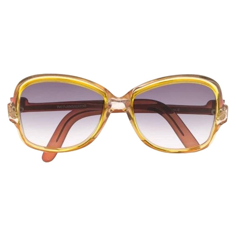 Yves Saint Laurent - Lunettes de soleil vintage jaune et brunes avec boucles d'oreilles, années 70