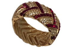 YVES SAINT-LAURENT Vintage YSL Gold Ruby Crystal Cuff & Earrings Set 1980s