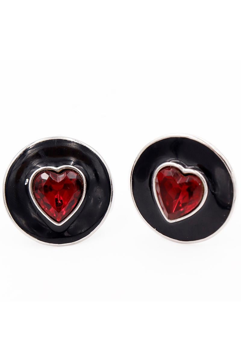 Yves Saint Laurent Vintage YSL Boucles d'oreilles en argent avec cœur en cristal rouge et émail noir Pour femmes en vente