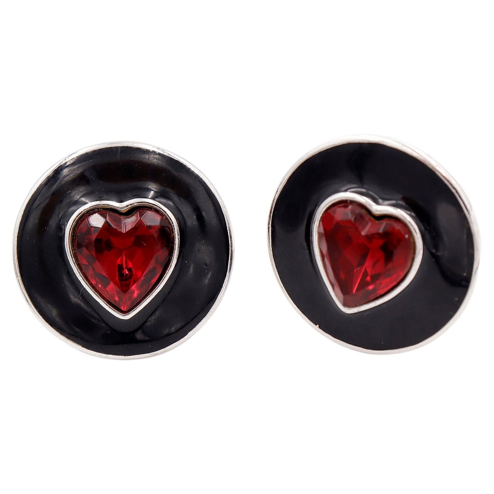 Yves Saint Laurent Vintage YSL Red Crystal Heart & Black Enamel Silver Earrings For Sale