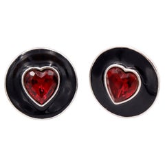 Yves Saint Laurent Boucles d'oreilles vintage YSL en argent avec cœurs en cristal rouge et émail noir