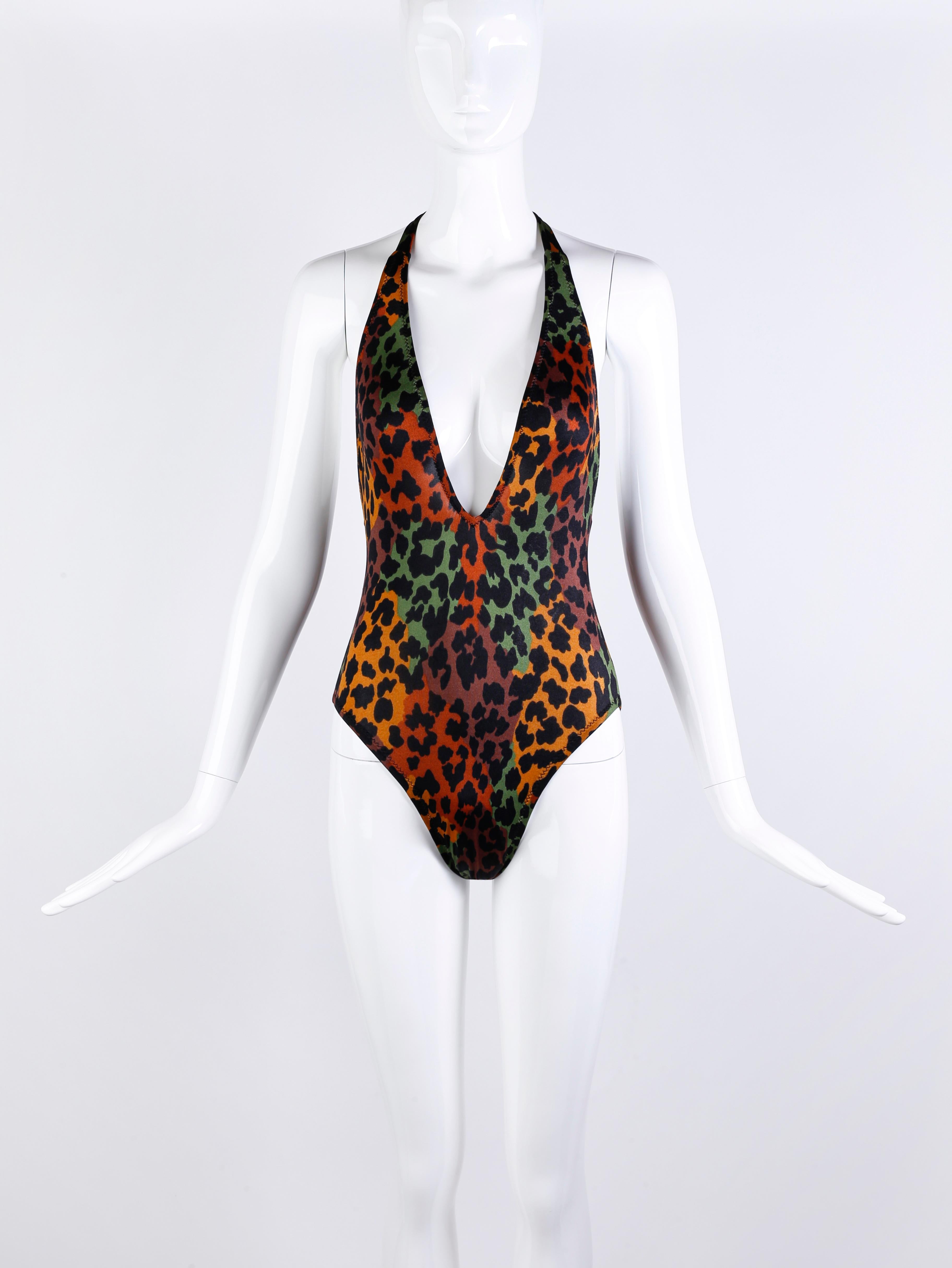 Yves Saint Laurent Vtg Tief ausgeschnittener V-Ausschnitt-Bodysuit mit Leopardenmuster und Riemen (Schwarz) im Angebot