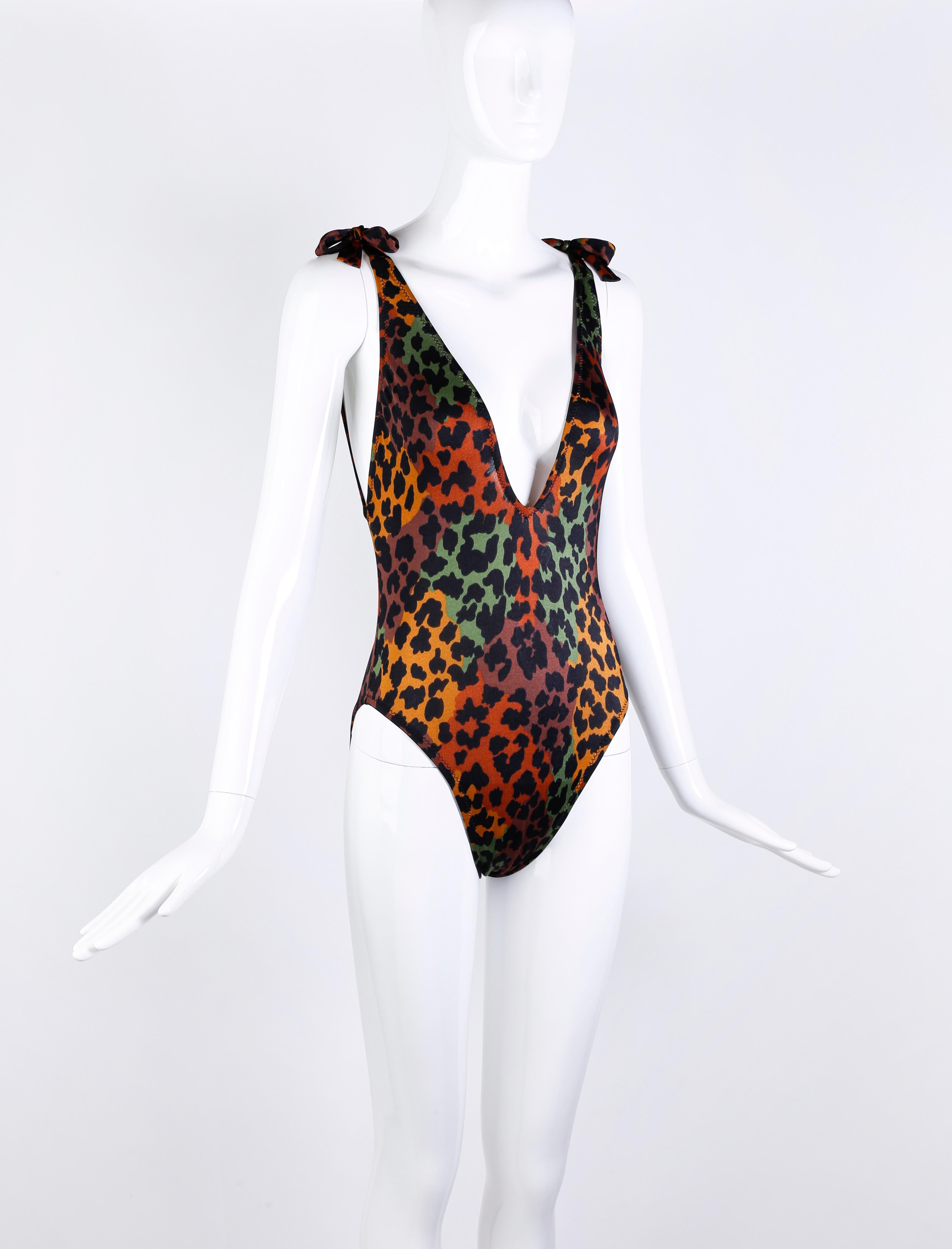 Noir Yves Saint Laurent - Maillot de bain à bretelles imprimé léopard avec dos plongeant en V profond en vente