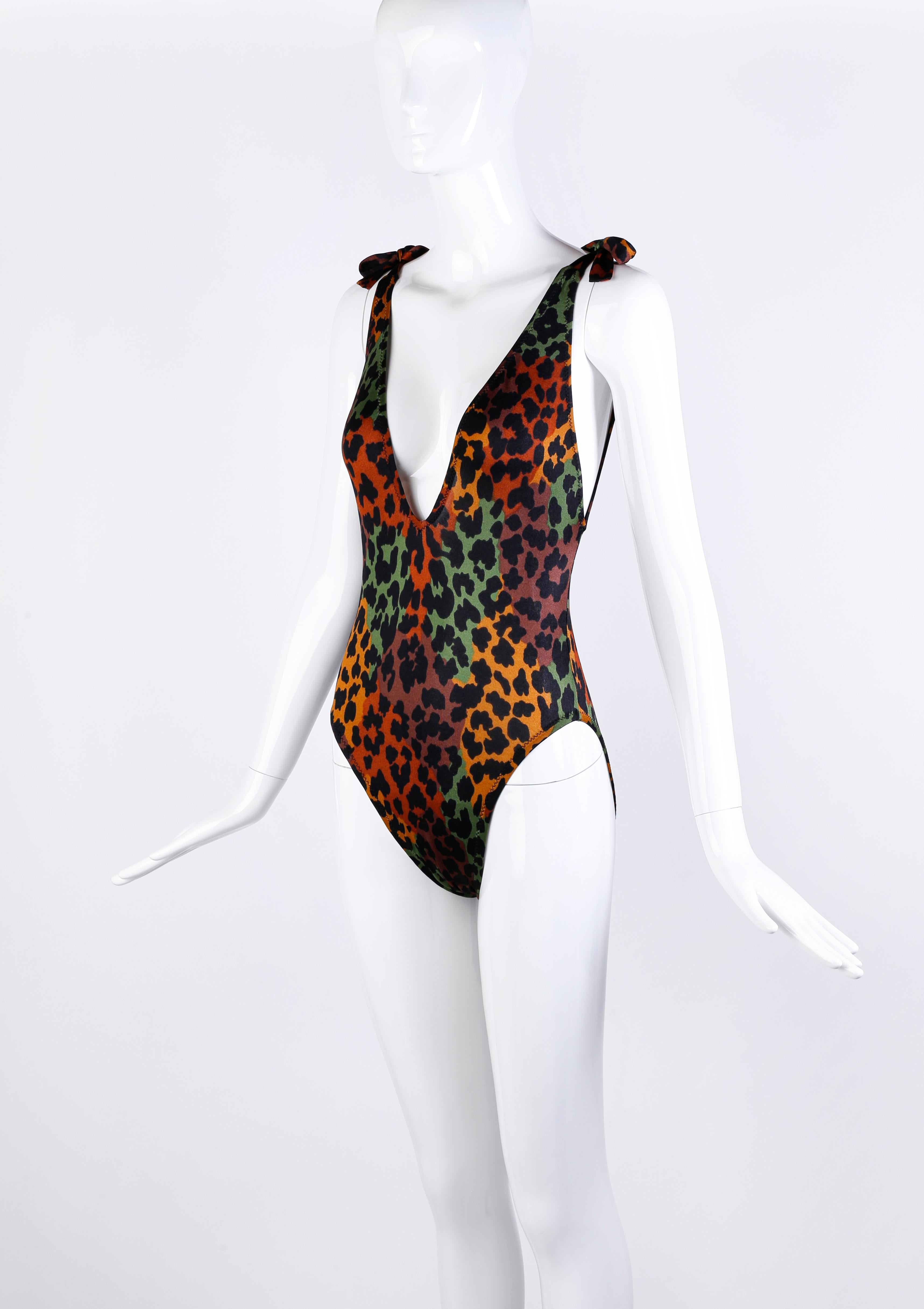 Black Yves Saint Laurent Vtg Deep V Plunge Back Leopard Print Strap Swimsuit Bodysuit For Sale