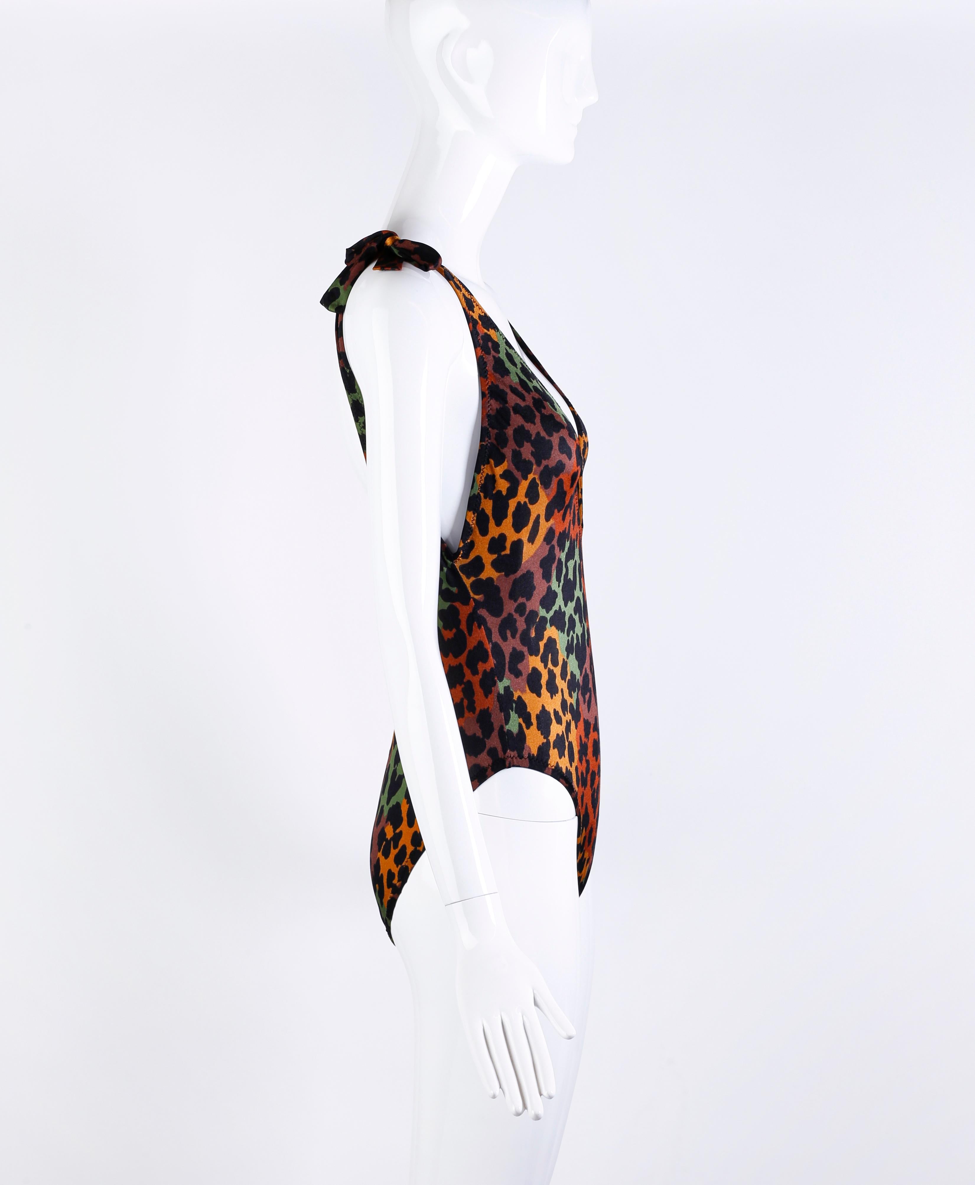 Yves Saint Laurent Vtg Deep V Plunge Back Leopard Print Strap Swimsuit Bodysuit In Good Condition For Sale In Chicago, IL