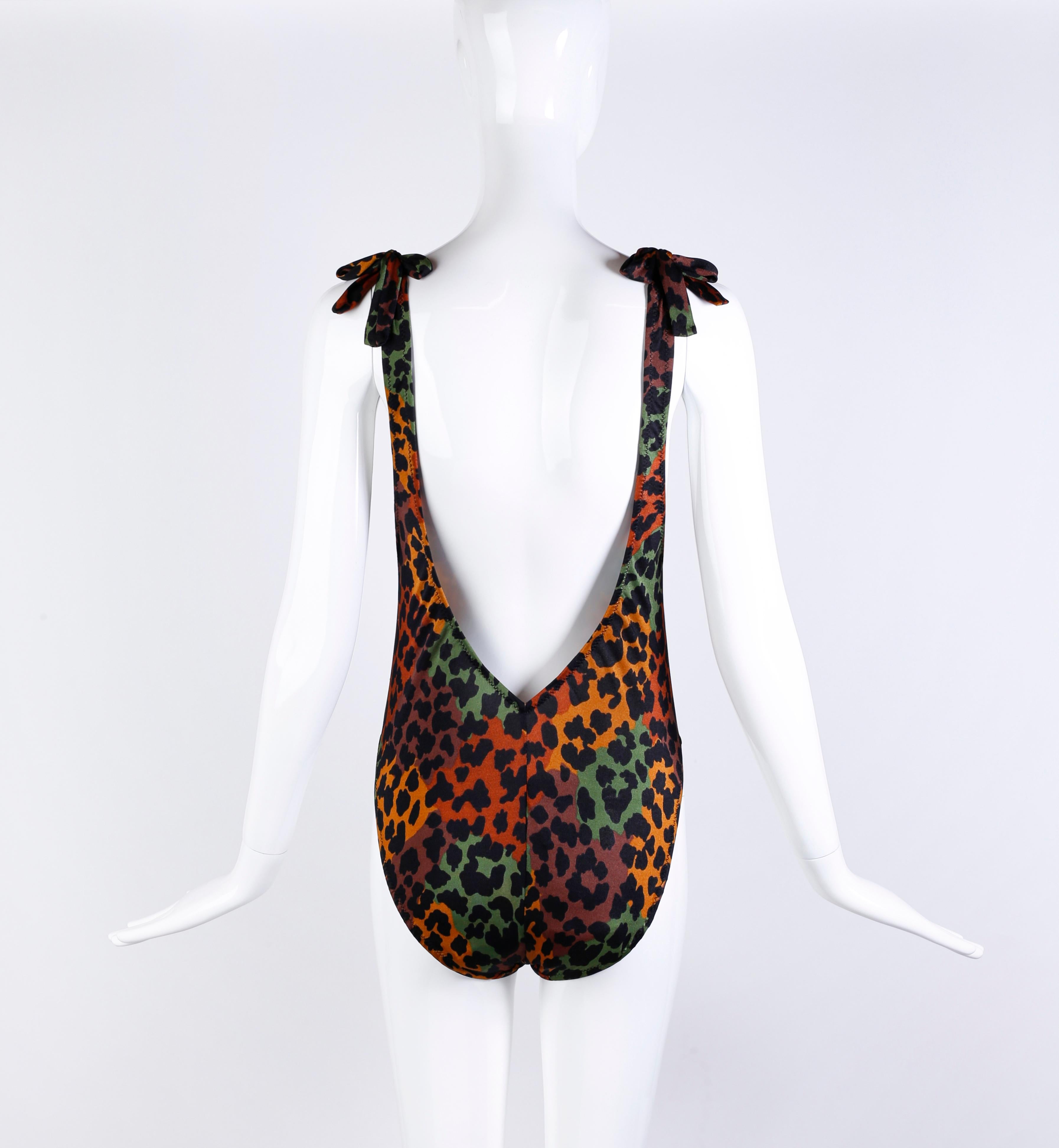 Women's Yves Saint Laurent Vtg Deep V Plunge Back Leopard Print Strap Swimsuit Bodysuit For Sale