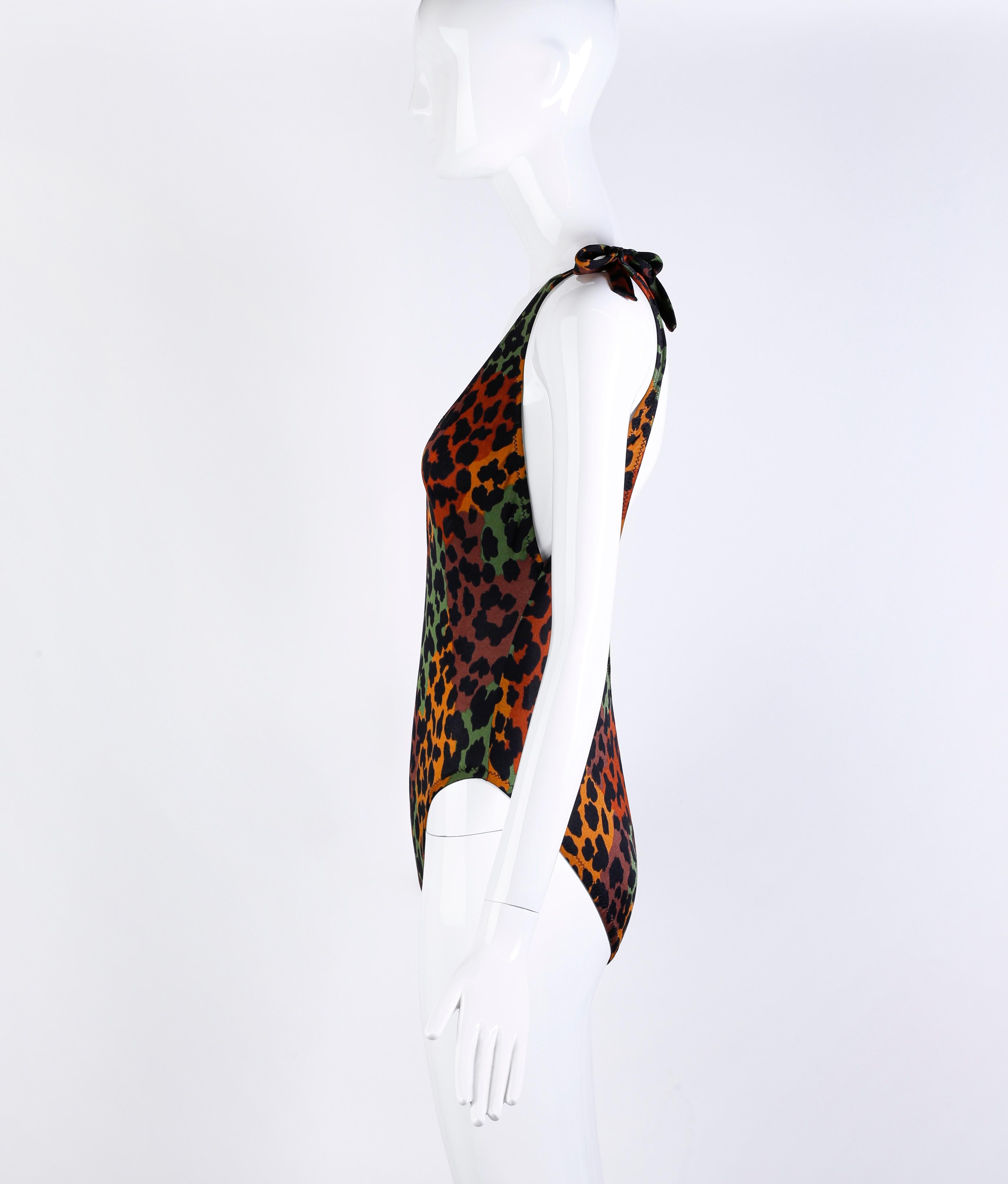 Yves Saint Laurent Vtg Deep V Plunge Back Leopard Print Strap Swimsuit Bodysuit For Sale 1